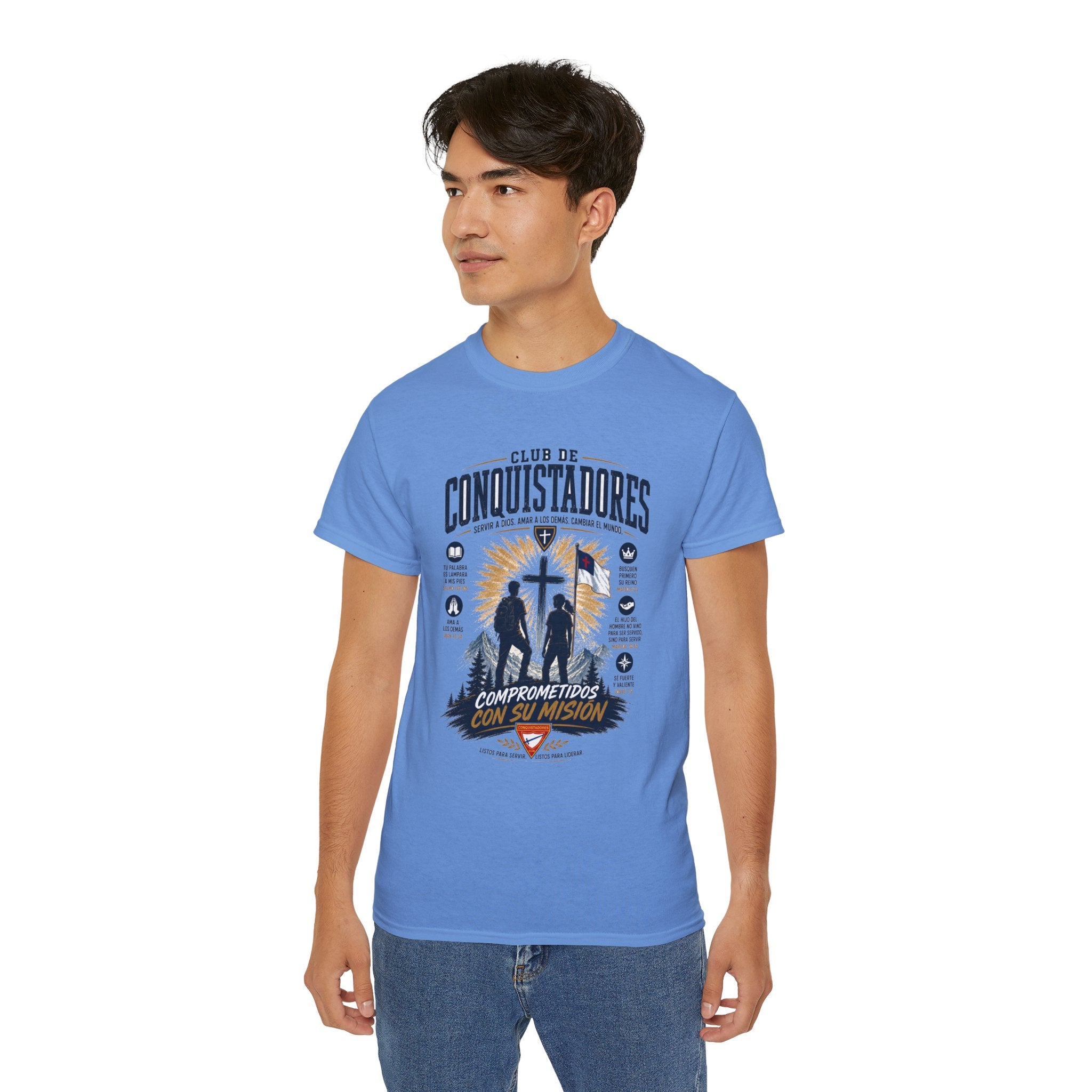 Conquistadores comprometido con su misión T-Shirt | Silueta de cruz cristiana, diseño de insignia de fe