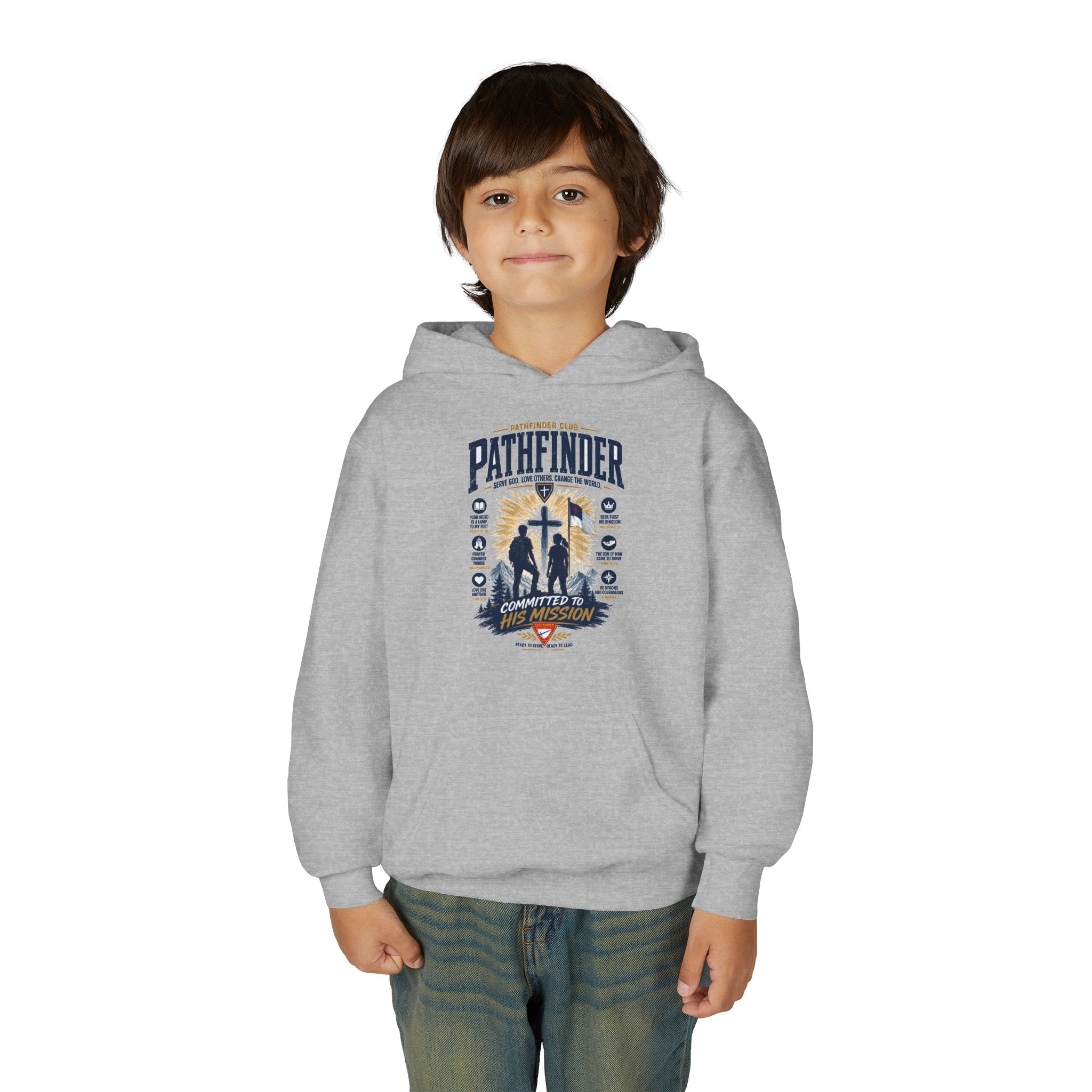 Pathfinder Cross Silhouette youth hoodie | Christian scout adventure design
