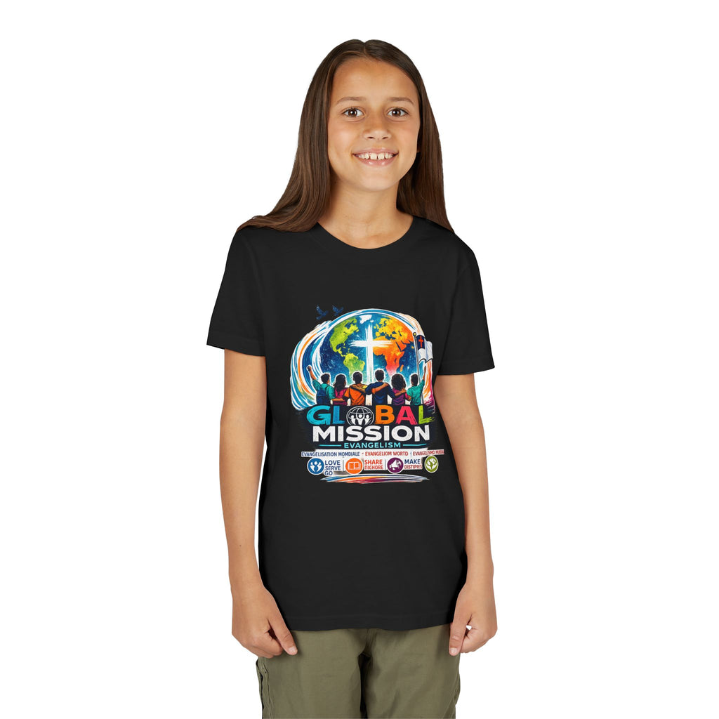 Youth Tee — Global Mission Kids Christian T‑Shirt with Cross & World Design