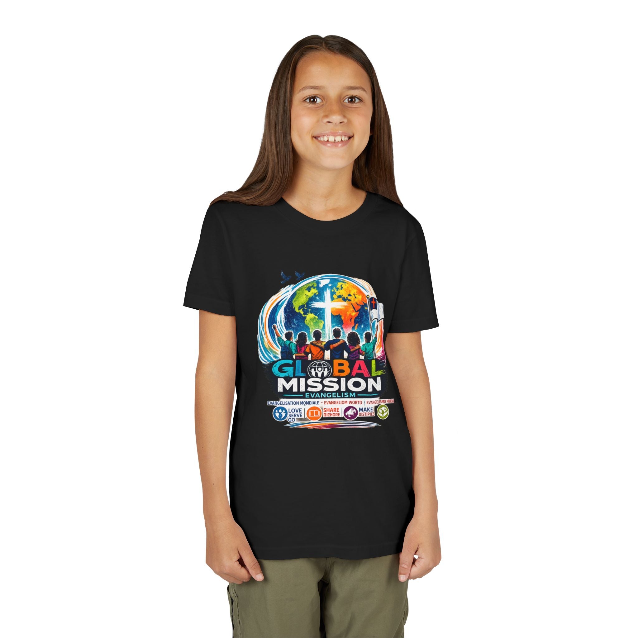 Youth Tee — Global Mission Kids Christian T‑Shirt with Cross & World Design