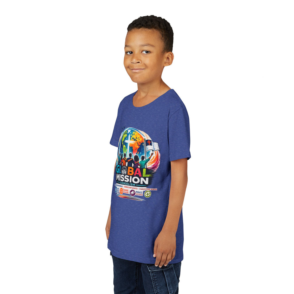 Youth Tee — Global Mission Kids Christian T‑Shirt with Cross & World Design