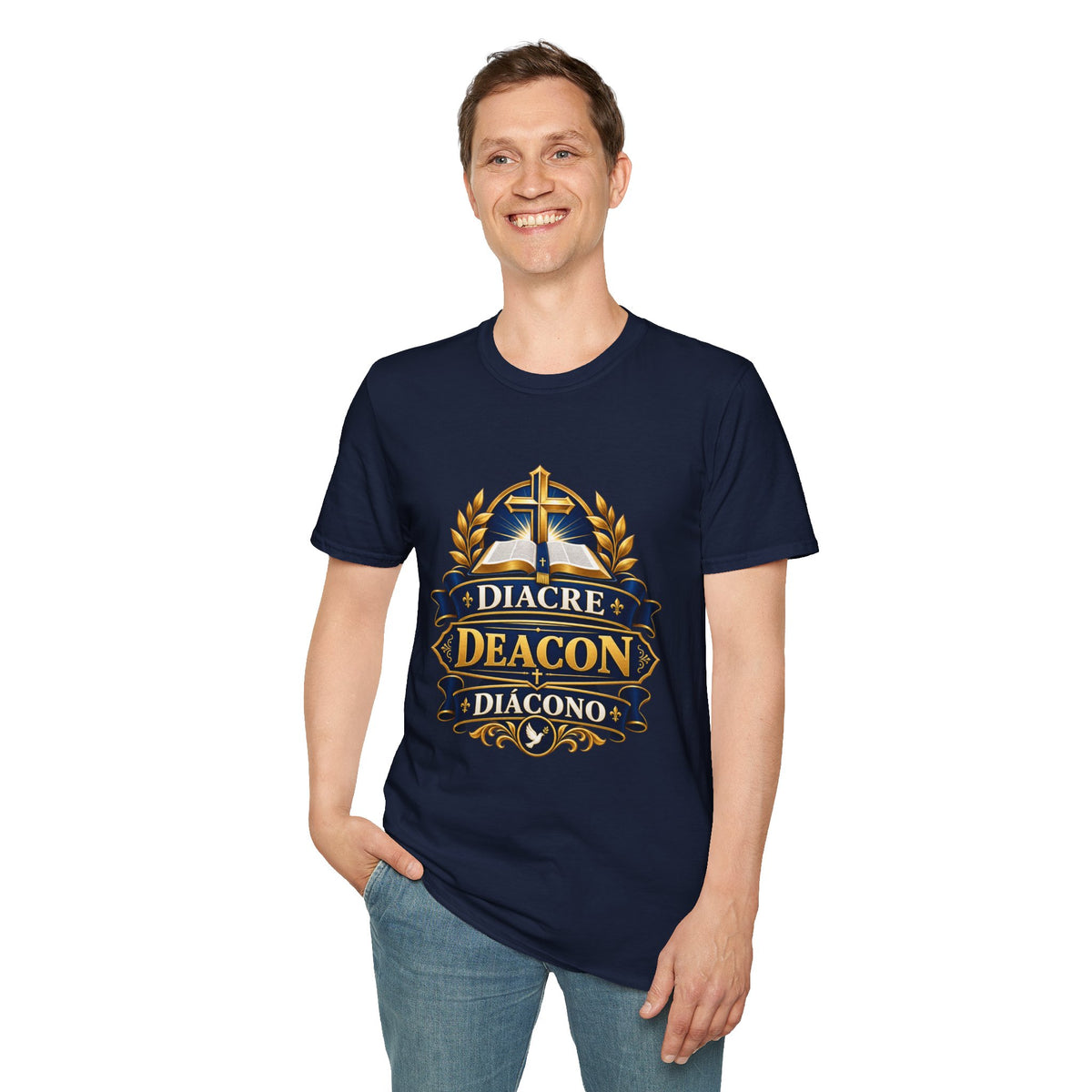 Deacon Faith T-Shirt — 'Diacre' Church Cross & Bible Emblem