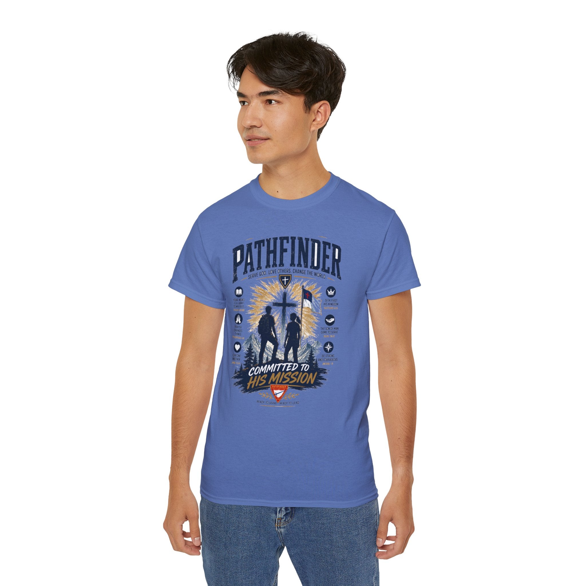 Pathfinder committed to his mission T-Shirt | Christian cross silhouette, faith badge design