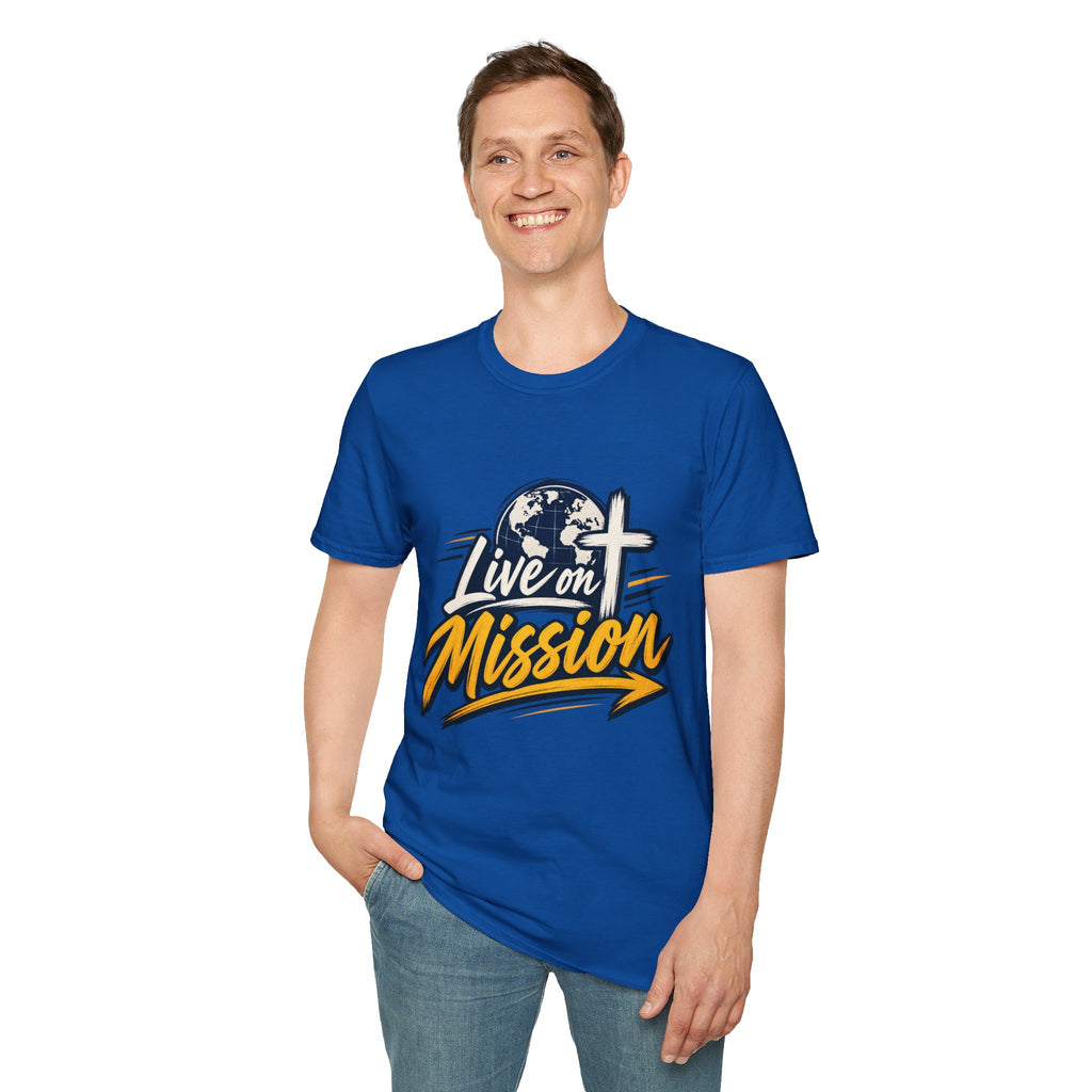 Live on Mission T-Shirt — Inspirational Christian Faith Tee with Globe & Cross Design