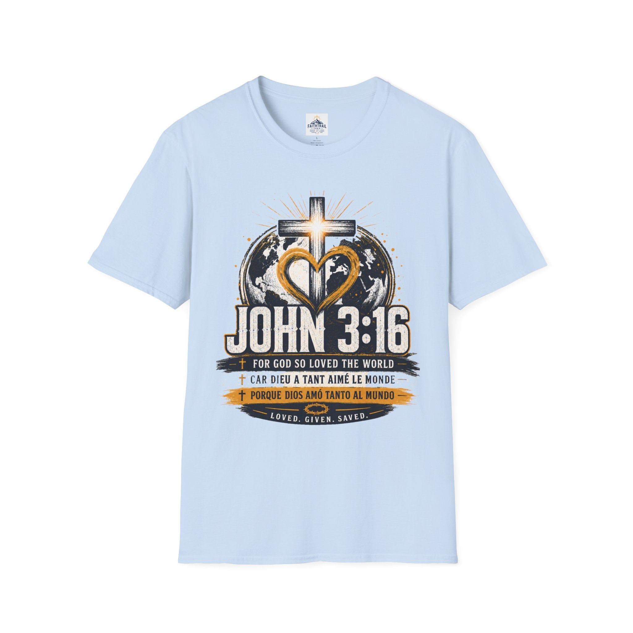 John 3:16 Christian Adult Unisex T-Shirt — Cross & Heart World Faith Tee