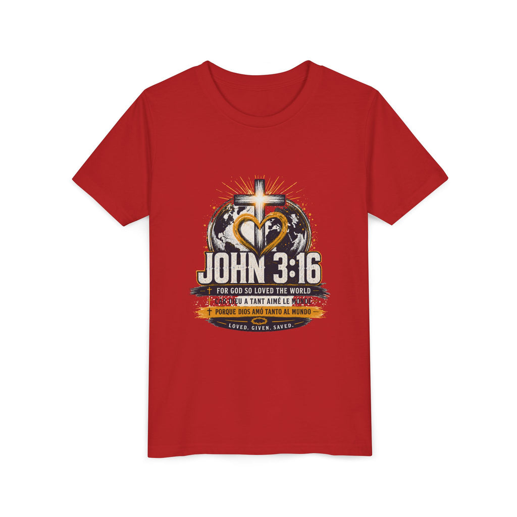 T-shirt pour jeune Jean 3:16 — T-shirt d'inspiration chrétienne pour enfants avec motif croix et globe