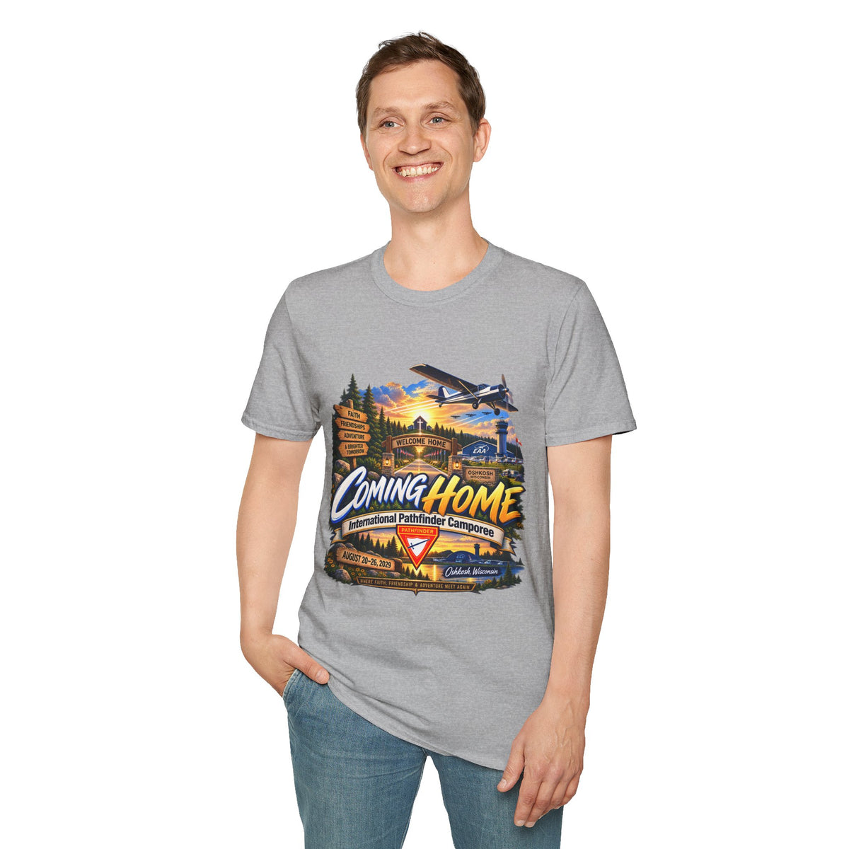 International Pathfinder Camporee 2029 (Stand Strong)- Coming Home T-Shirt — Vintage Airplane Sunset Travel Tee