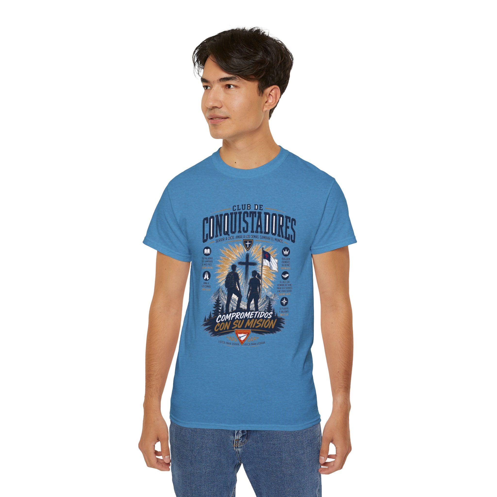 Conquistadores comprometido con su misión T-Shirt | Silueta de cruz cristiana, diseño de insignia de fe