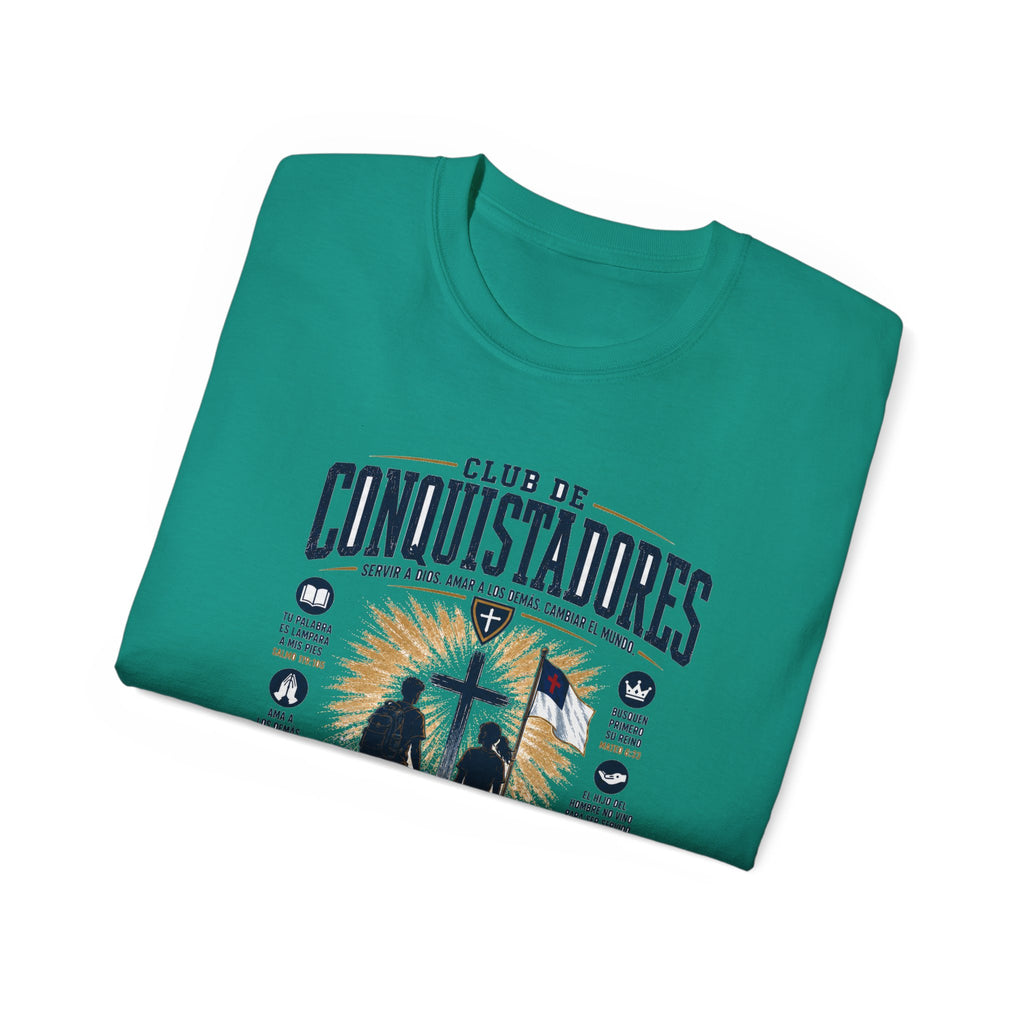 Conquistadores comprometido con su misión T-Shirt | Silueta de cruz cristiana, diseño de insignia de fe