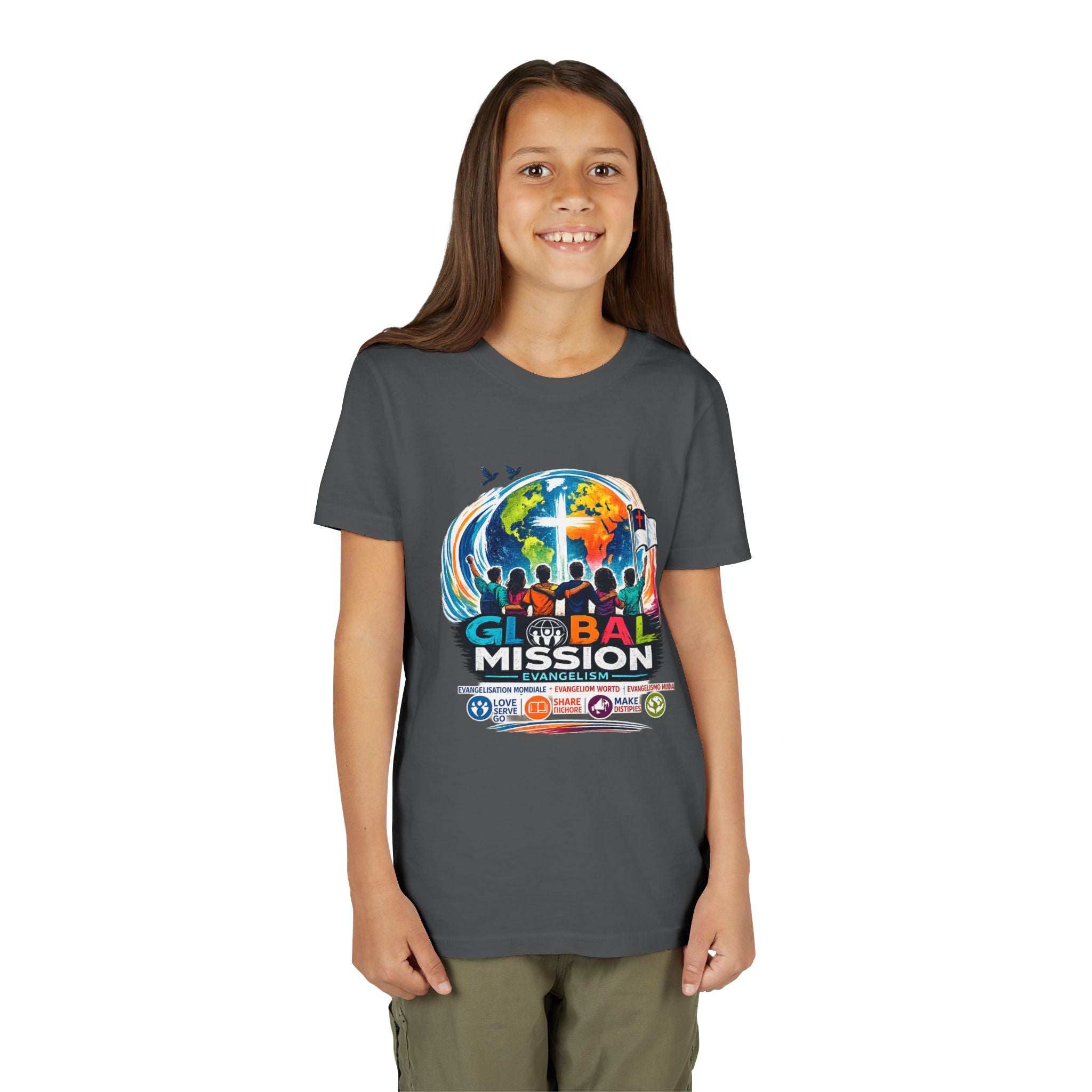 Youth Tee — Global Mission Kids Christian T‑Shirt with Cross & World Design