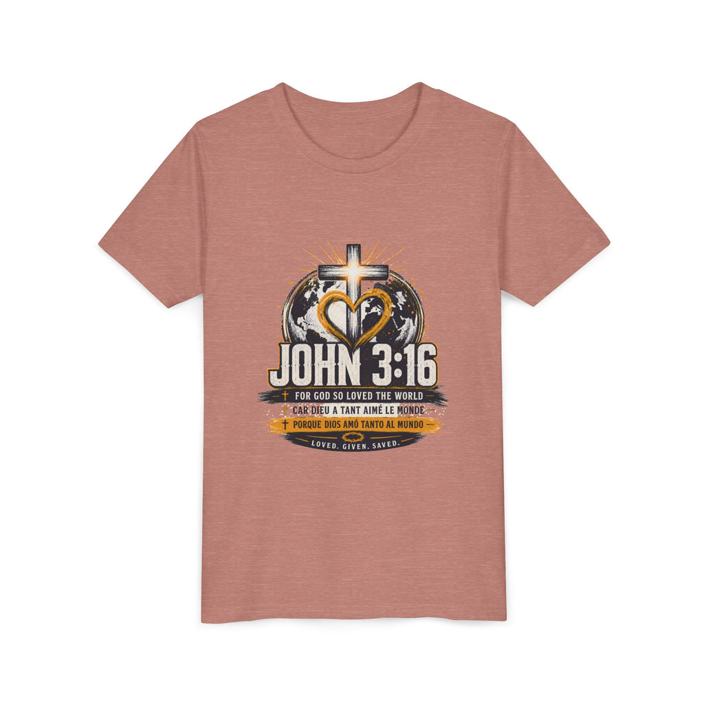 T-shirt pour jeune Jean 3:16 — T-shirt d'inspiration chrétienne pour enfants avec motif croix et globe