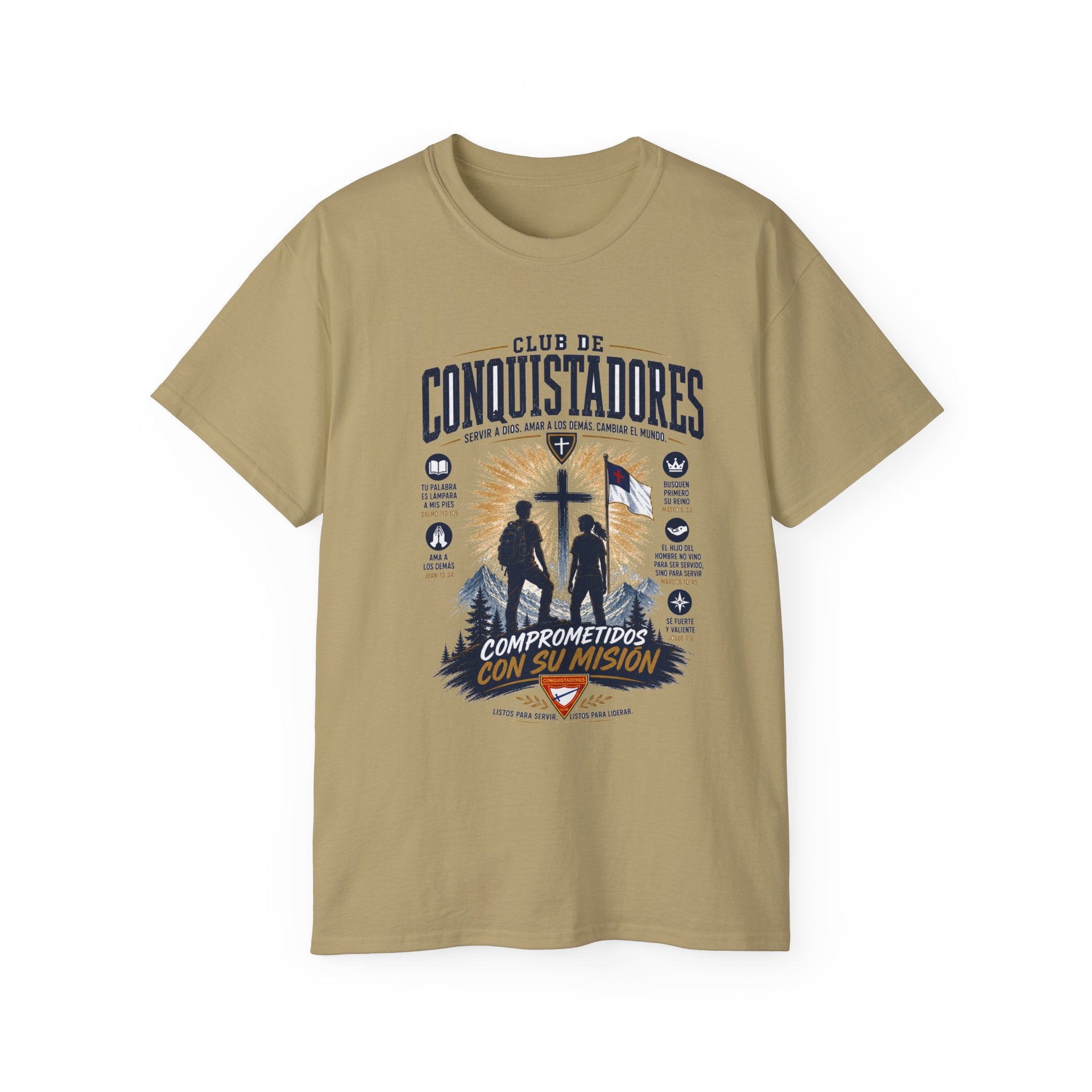 Conquistadores comprometido con su misión T-Shirt | Silueta de cruz cristiana, diseño de insignia de fe