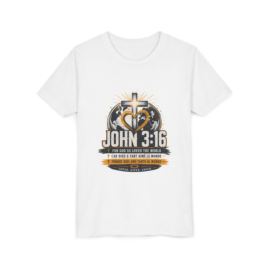 T-shirt pour jeune Jean 3:16 — T-shirt d'inspiration chrétienne pour enfants avec motif croix et globe