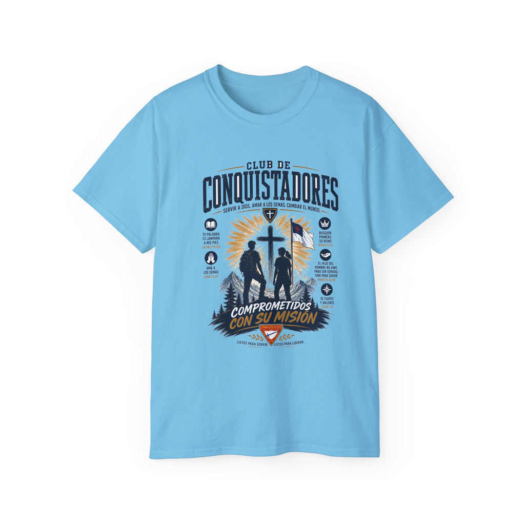 Conquistadores comprometido con su misión T-Shirt | Silueta de cruz cristiana, diseño de insignia de fe