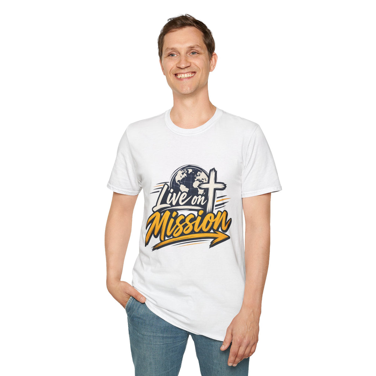 Live on Mission T-Shirt — Inspirational Christian Faith Tee with Globe & Cross Design