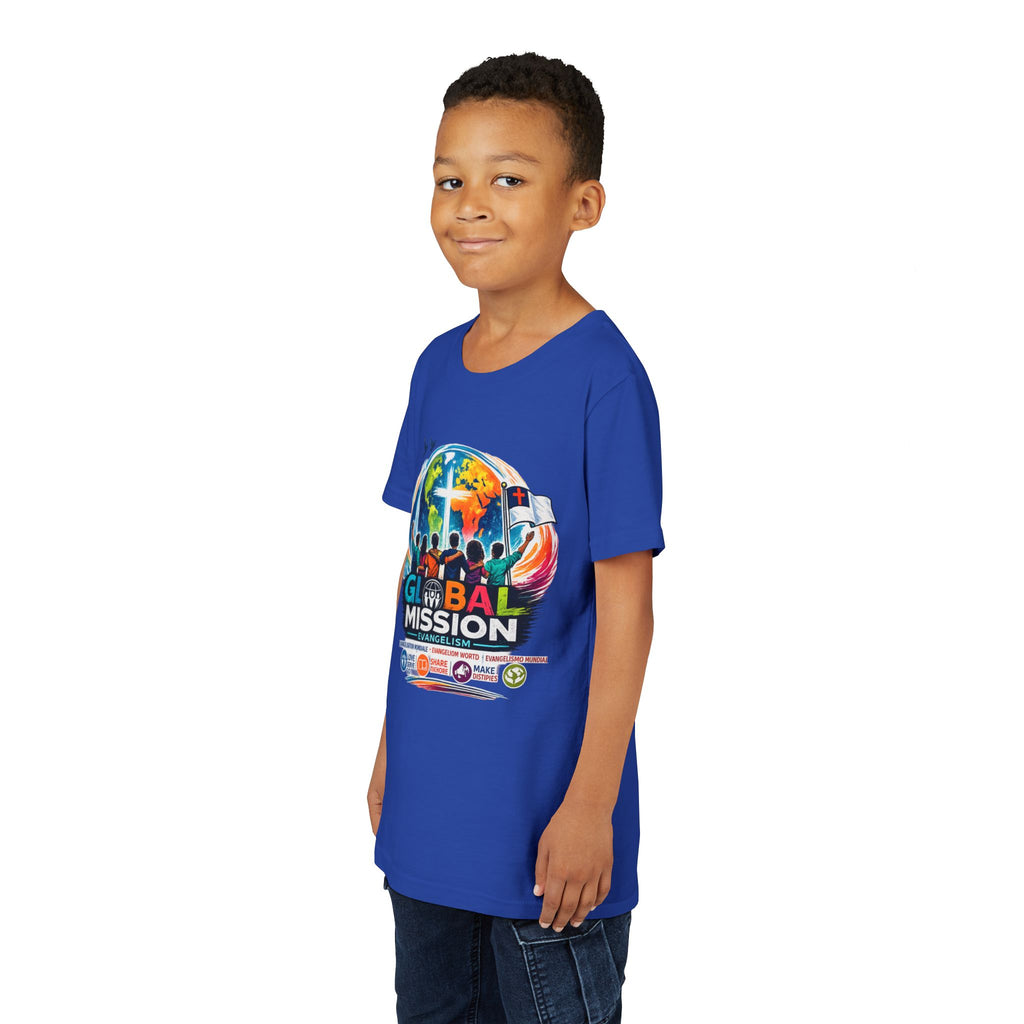 Youth Tee — Global Mission Kids Christian T‑Shirt with Cross & World Design