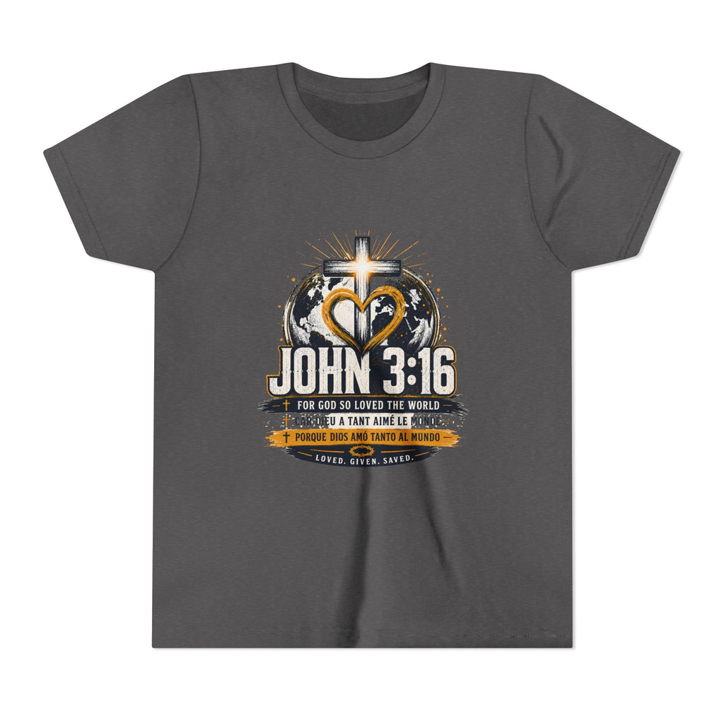 John 3:16 Youth Tee — Christian Inspirational Kids Shirt with Cross & Globe Design