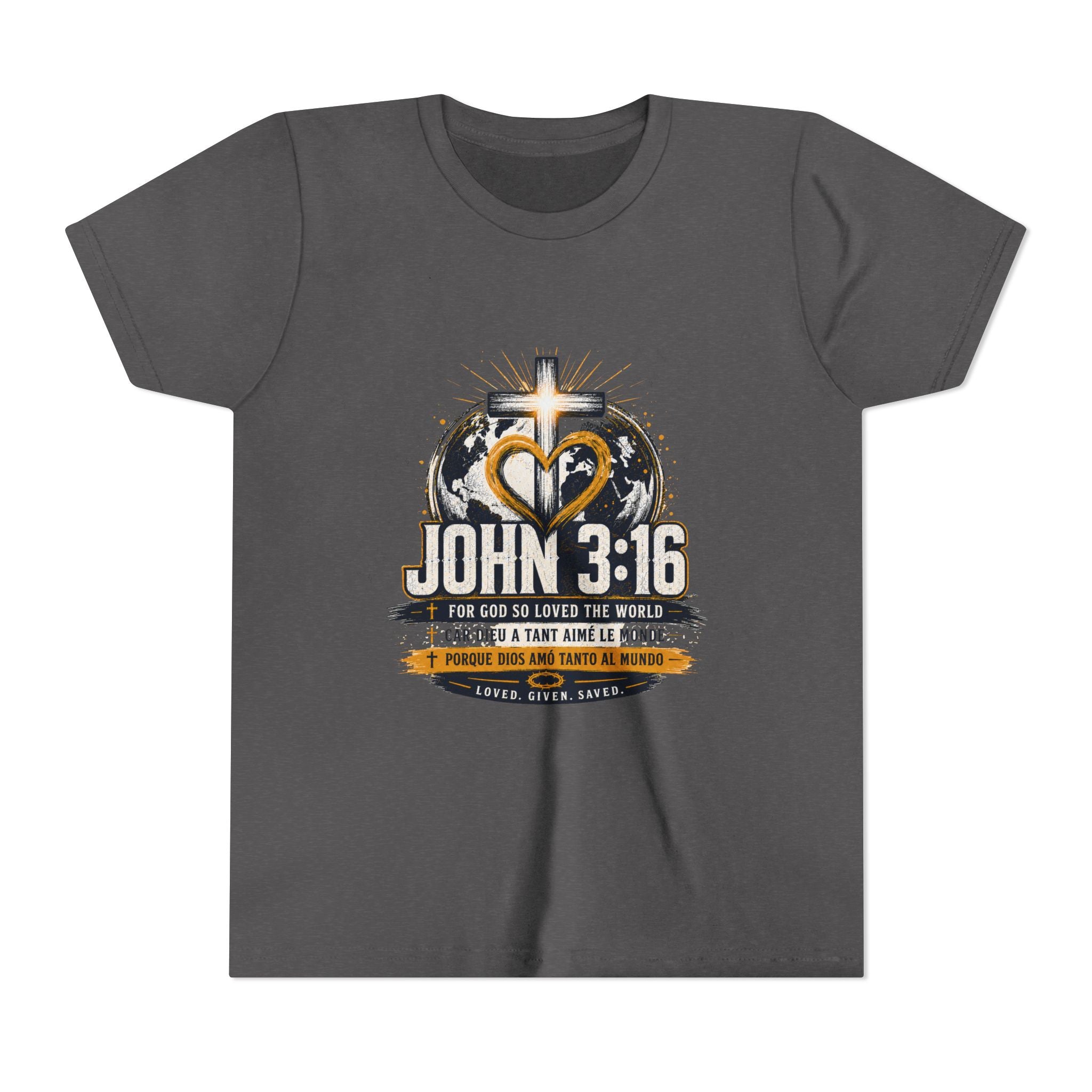 John 3:16 Youth Tee — Christian Inspirational Kids Shirt with Cross & Globe Design
