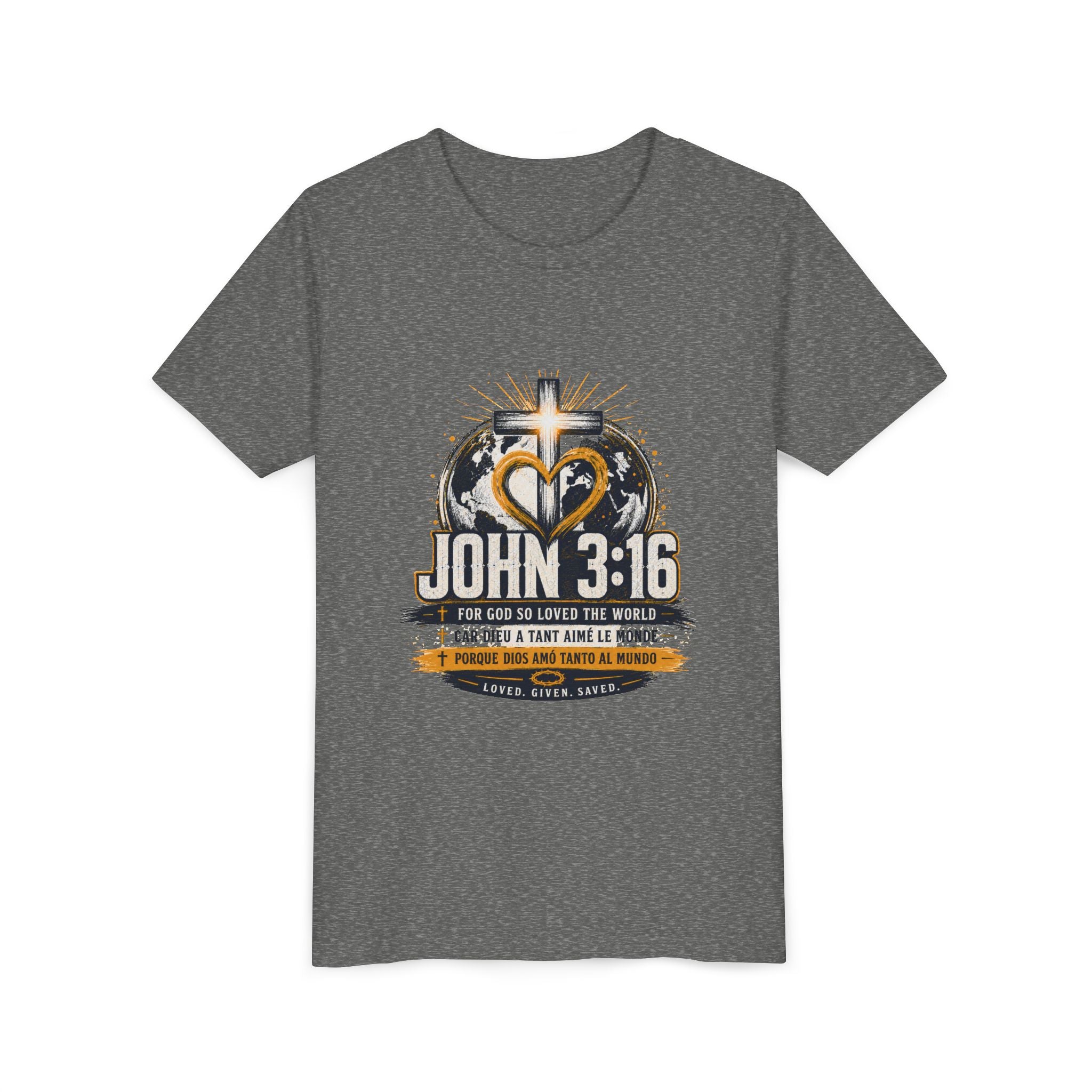 John 3:16 Youth Tee — Christian Inspirational Kids Shirt with Cross & Globe Design
