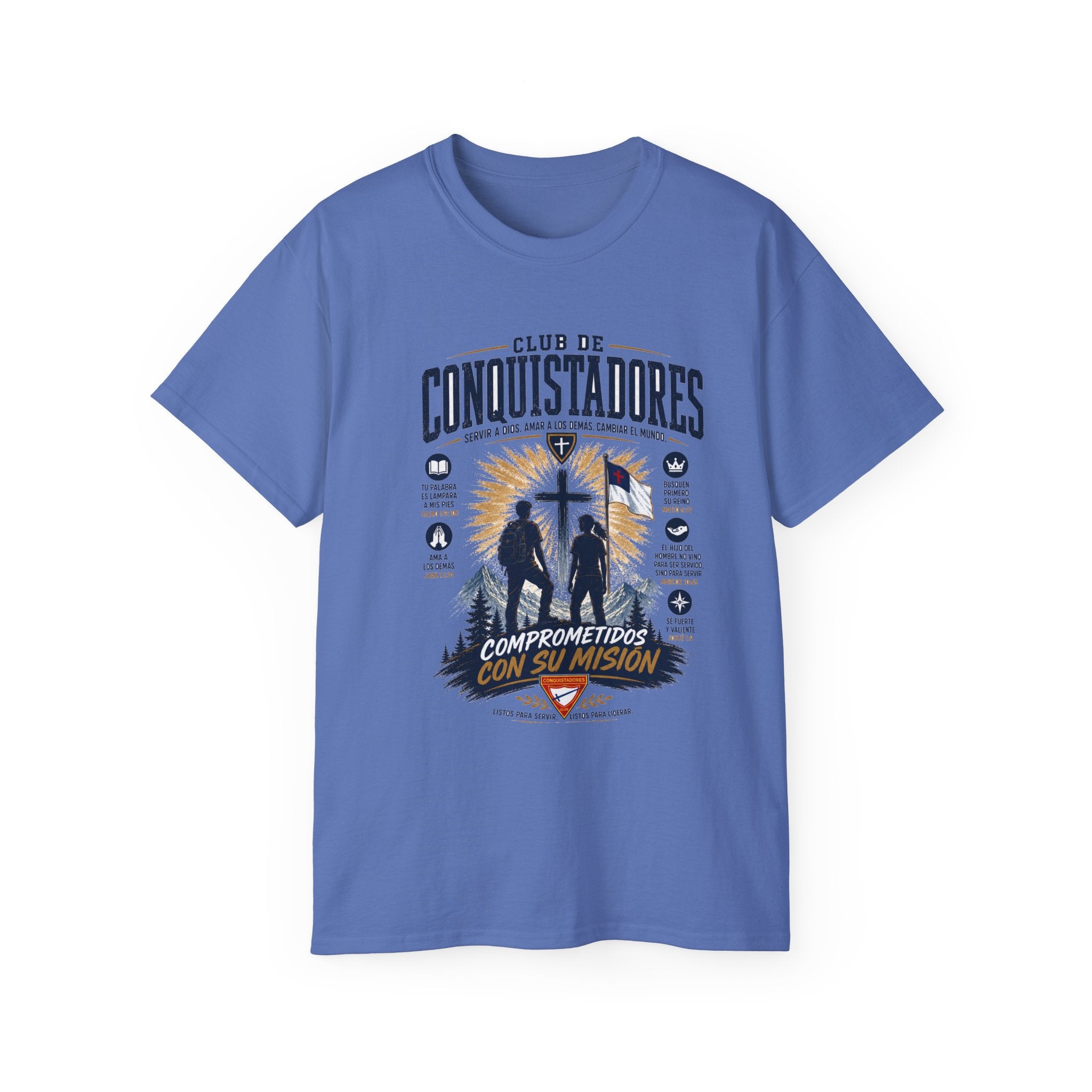Conquistadores comprometido con su misión T-Shirt | Silueta de cruz cristiana, diseño de insignia de fe