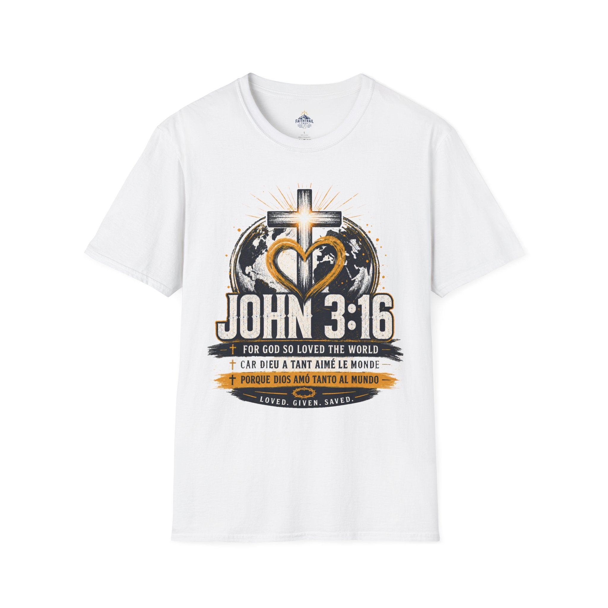 John 3:16 Christian Adult Unisex T-Shirt — Cross & Heart World Faith Tee