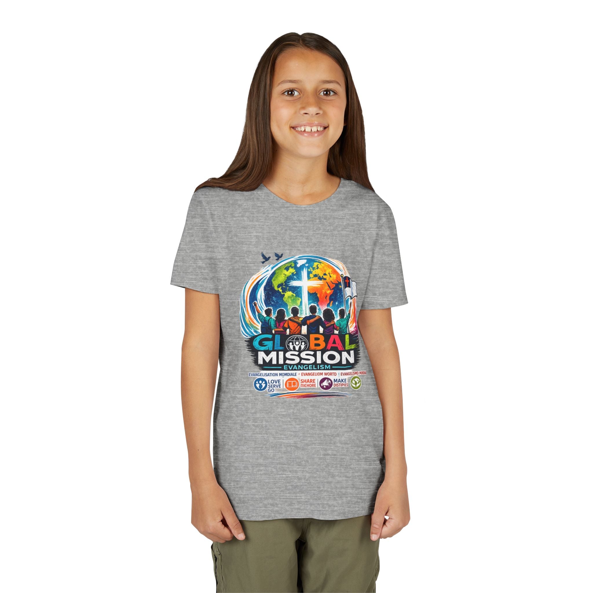 Youth Tee — Global Mission Kids Christian T‑Shirt with Cross & World Design