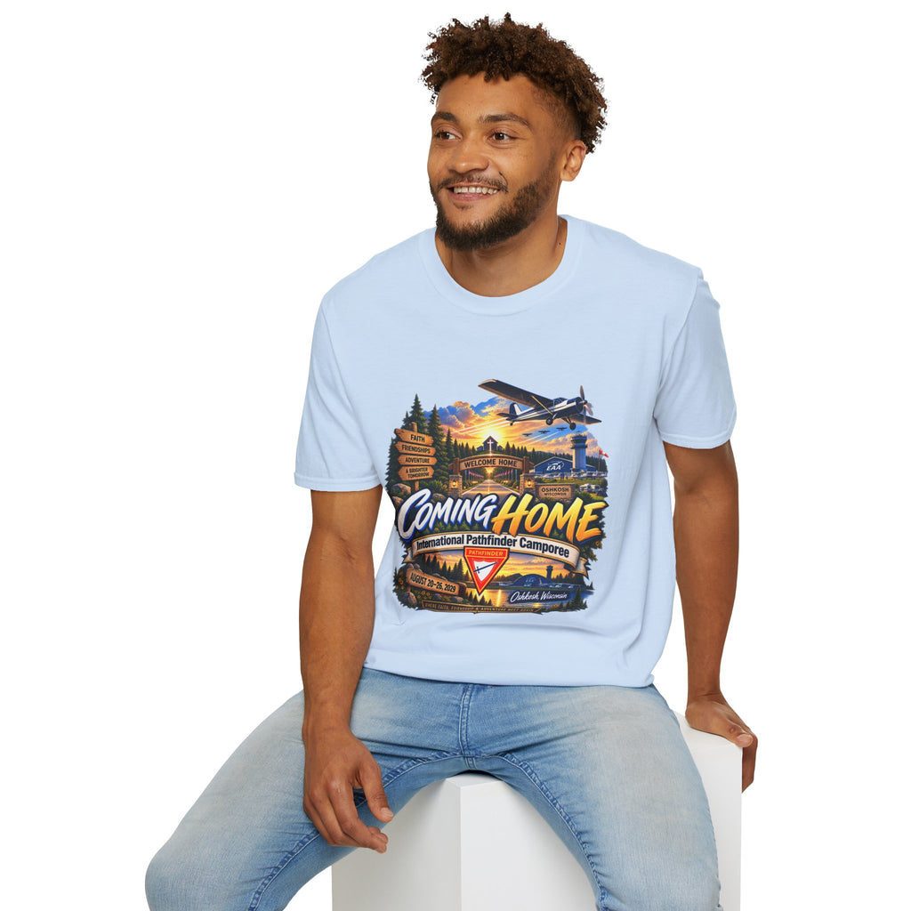 International Pathfinder Camporee 2029 (Stand Strong)- Coming Home T-Shirt — Vintage Airplane Sunset Travel Tee