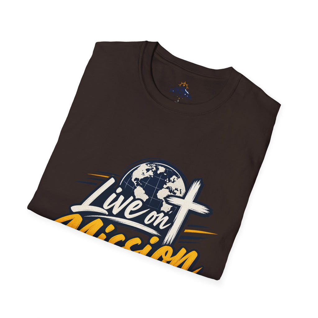 Live on Mission T-Shirt — Inspirational Christian Faith Tee with Globe & Cross Design