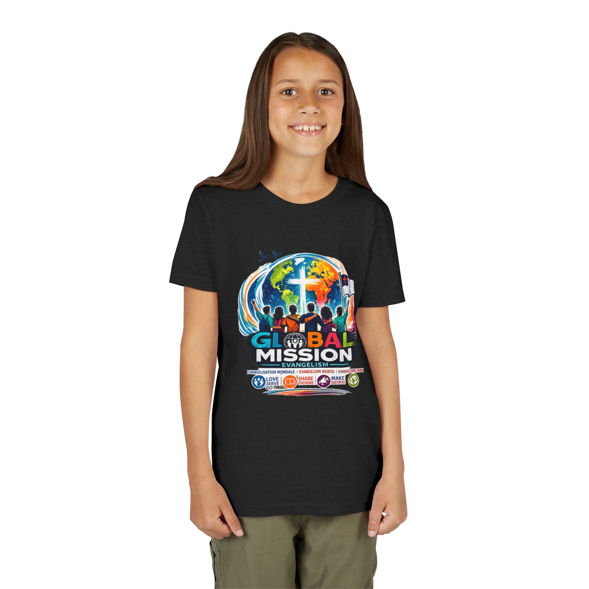 Youth Tee — Global Mission Kids Christian T‑Shirt with Cross & World Design