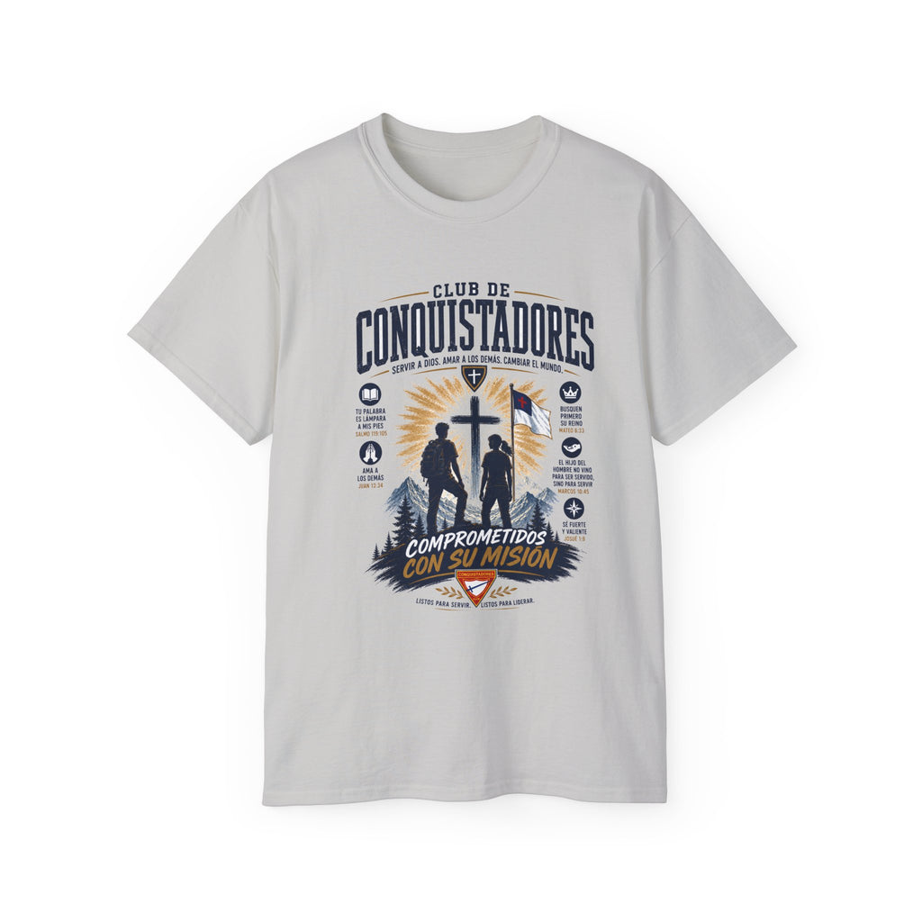 Conquistadores comprometido con su misión T-Shirt | Silueta de cruz cristiana, diseño de insignia de fe