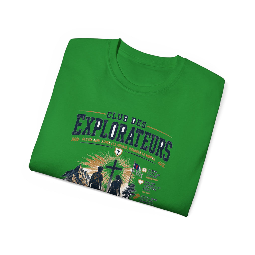 Explorateurs engagés dans leur mission T-shirt | Croix chrétienne silhouette, design d’insigne de foi