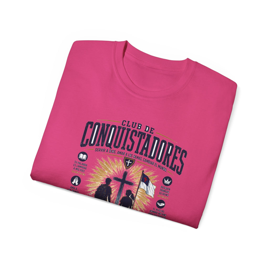 Conquistadores comprometido con su misión T-Shirt | Silueta de cruz cristiana, diseño de insignia de fe