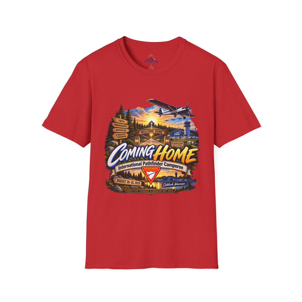International Pathfinder Camporee 2029 (Stand Strong)- Coming Home T-Shirt — Vintage Airplane Sunset Travel Tee