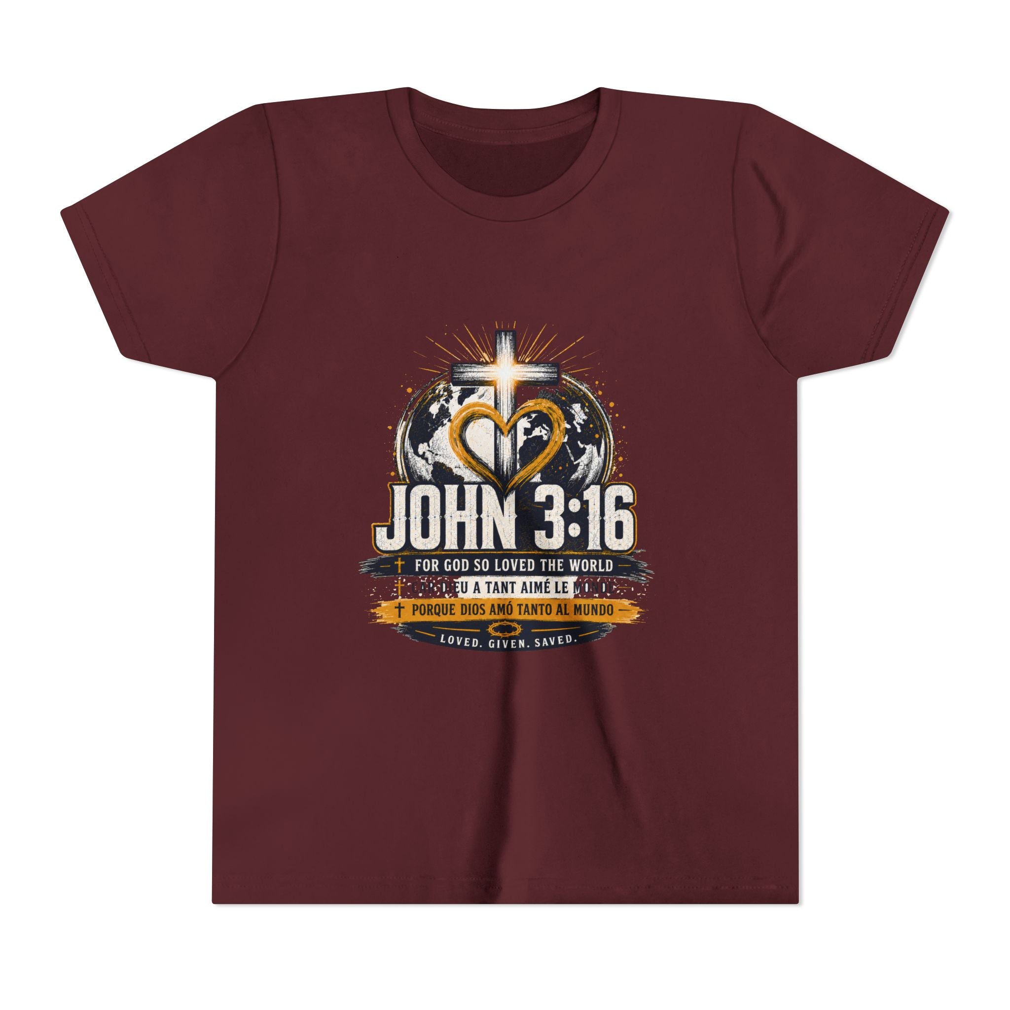 John 3:16 Youth Tee — Christian Inspirational Kids Shirt with Cross & Globe Design