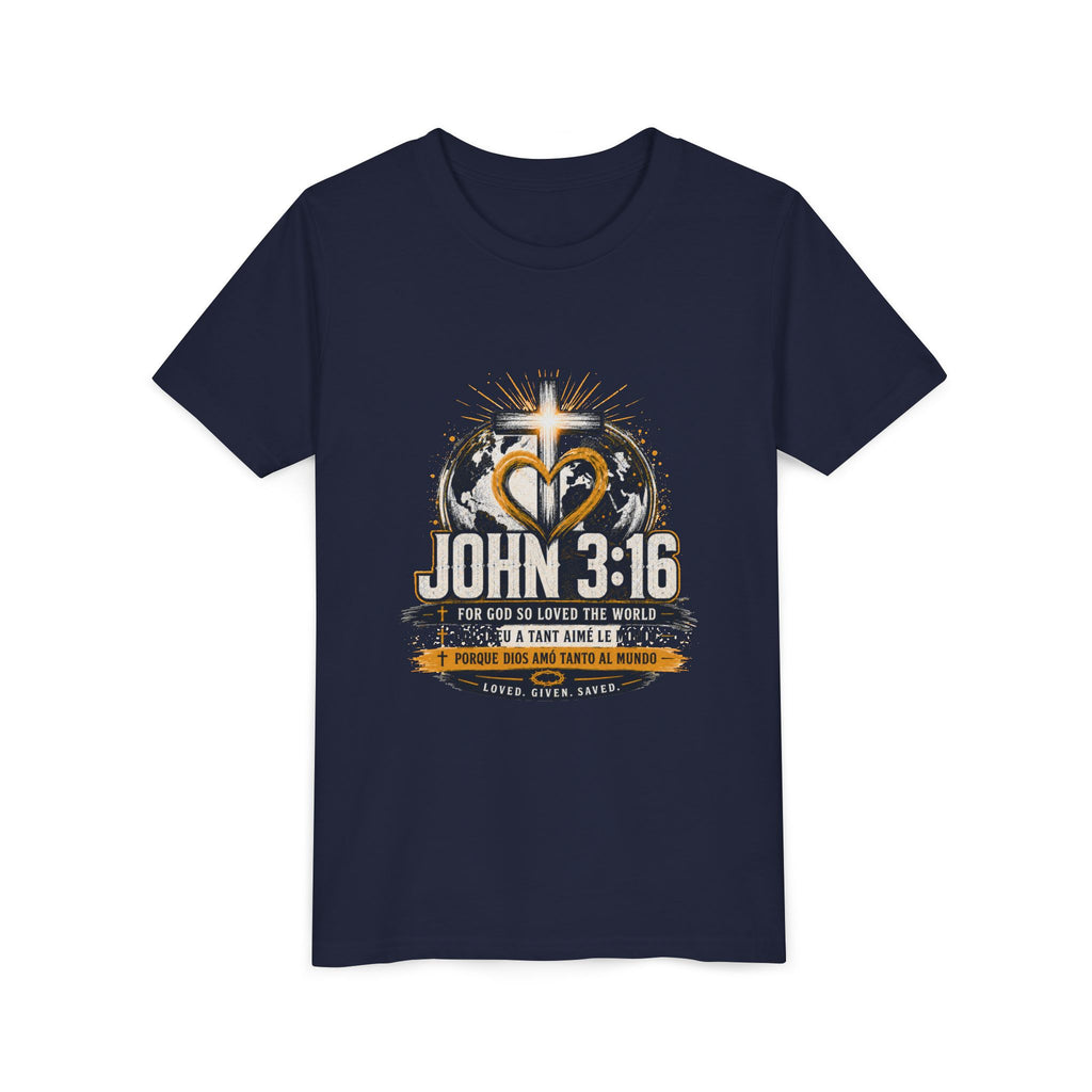John 3:16 Youth Tee — Christian Inspirational Kids Shirt with Cross & Globe Design