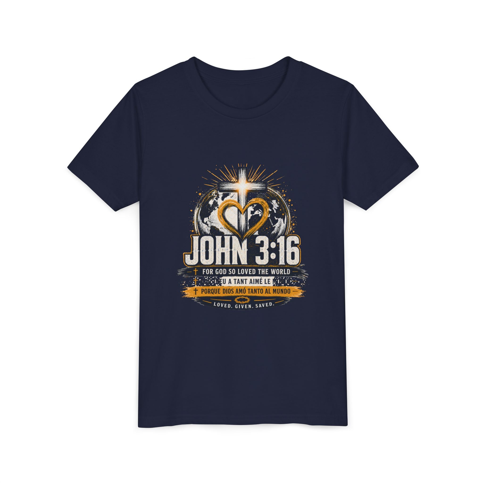 John 3:16 Youth Tee — Christian Inspirational Kids Shirt with Cross & Globe Design