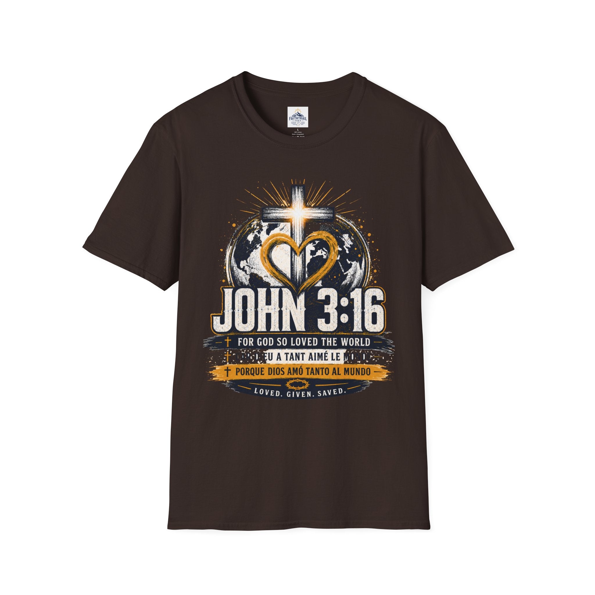 John 3:16 Christian Adult Unisex T-Shirt — Cross & Heart World Faith Tee
