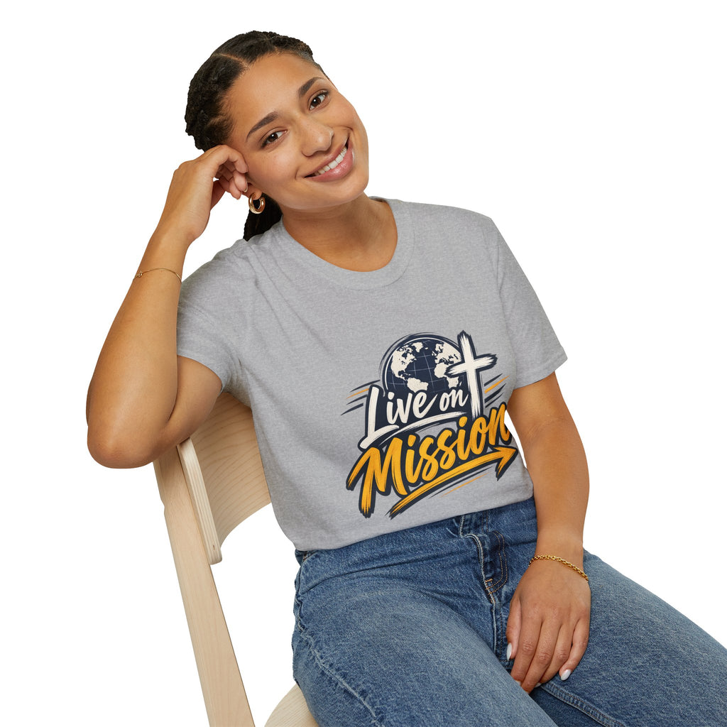Live on Mission T-Shirt — Inspirational Christian Faith Tee with Globe & Cross Design