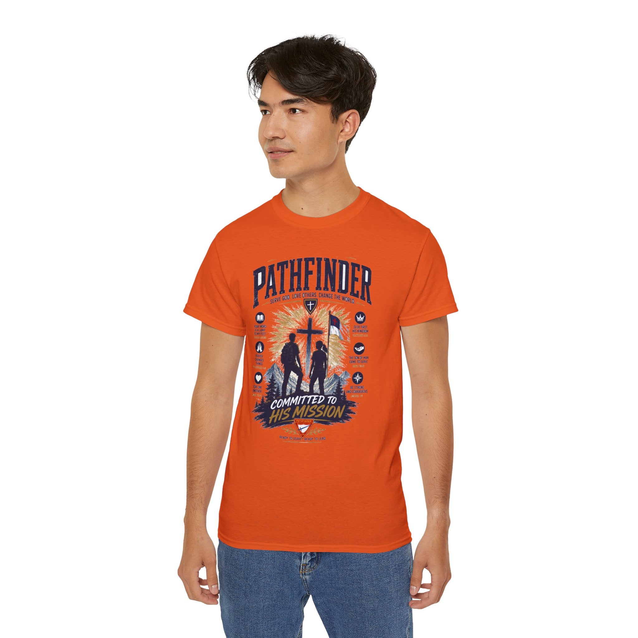 Pathfinder committed to his mission T-Shirt | Christian cross silhouette, faith badge design