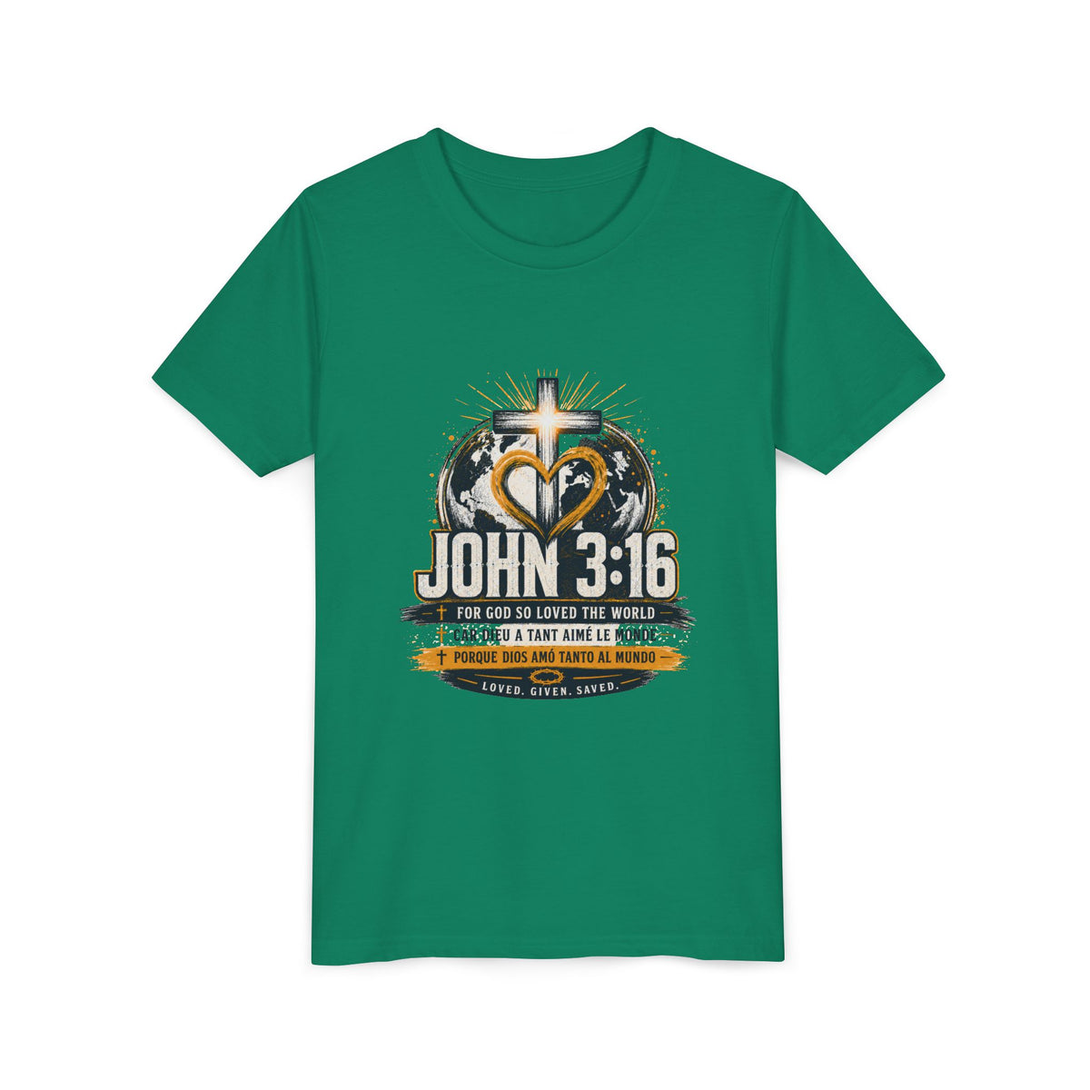 T-shirt pour jeune Jean 3:16 — T-shirt d'inspiration chrétienne pour enfants avec motif croix et globe