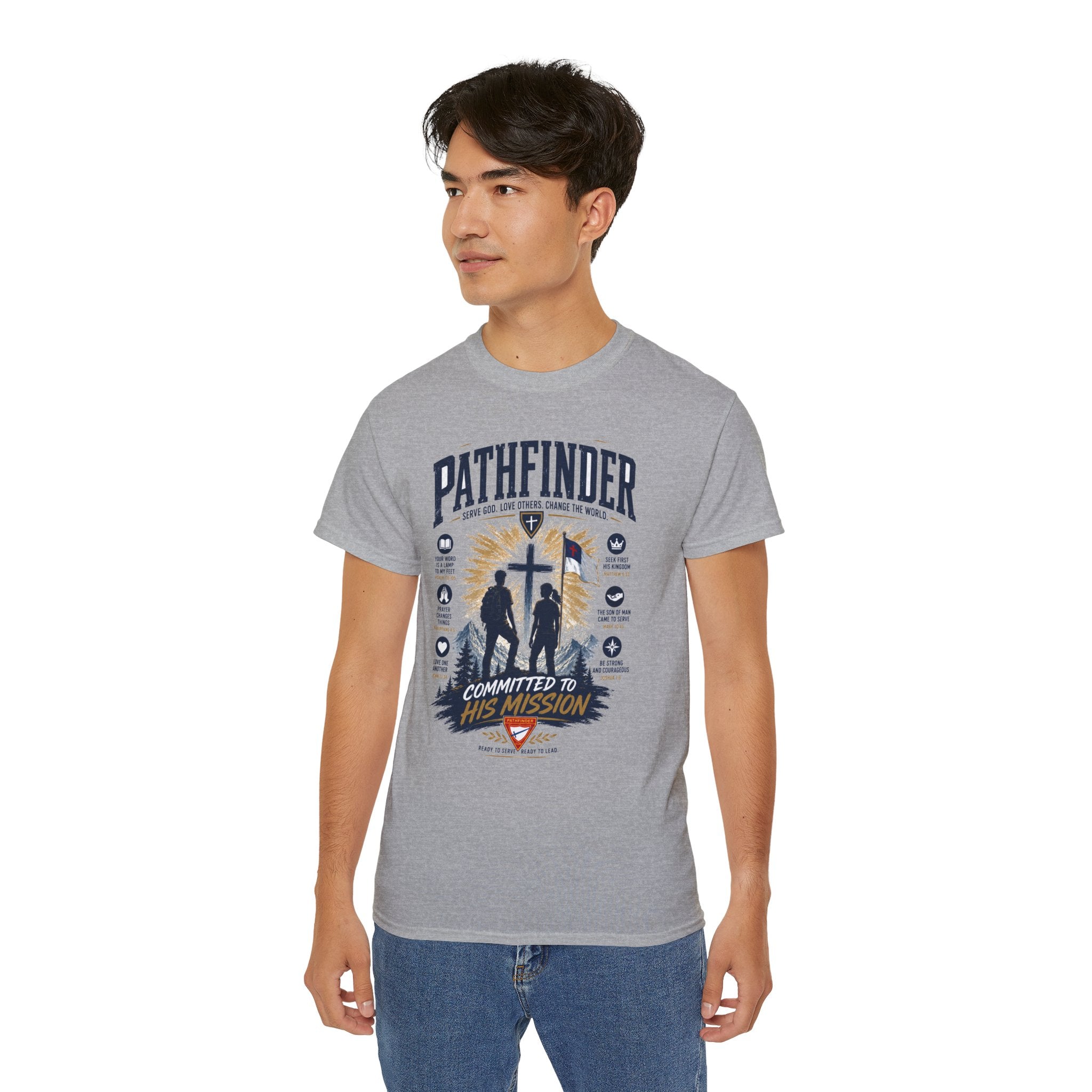 Pathfinder committed to his mission T-Shirt | Christian cross silhouette, faith badge design