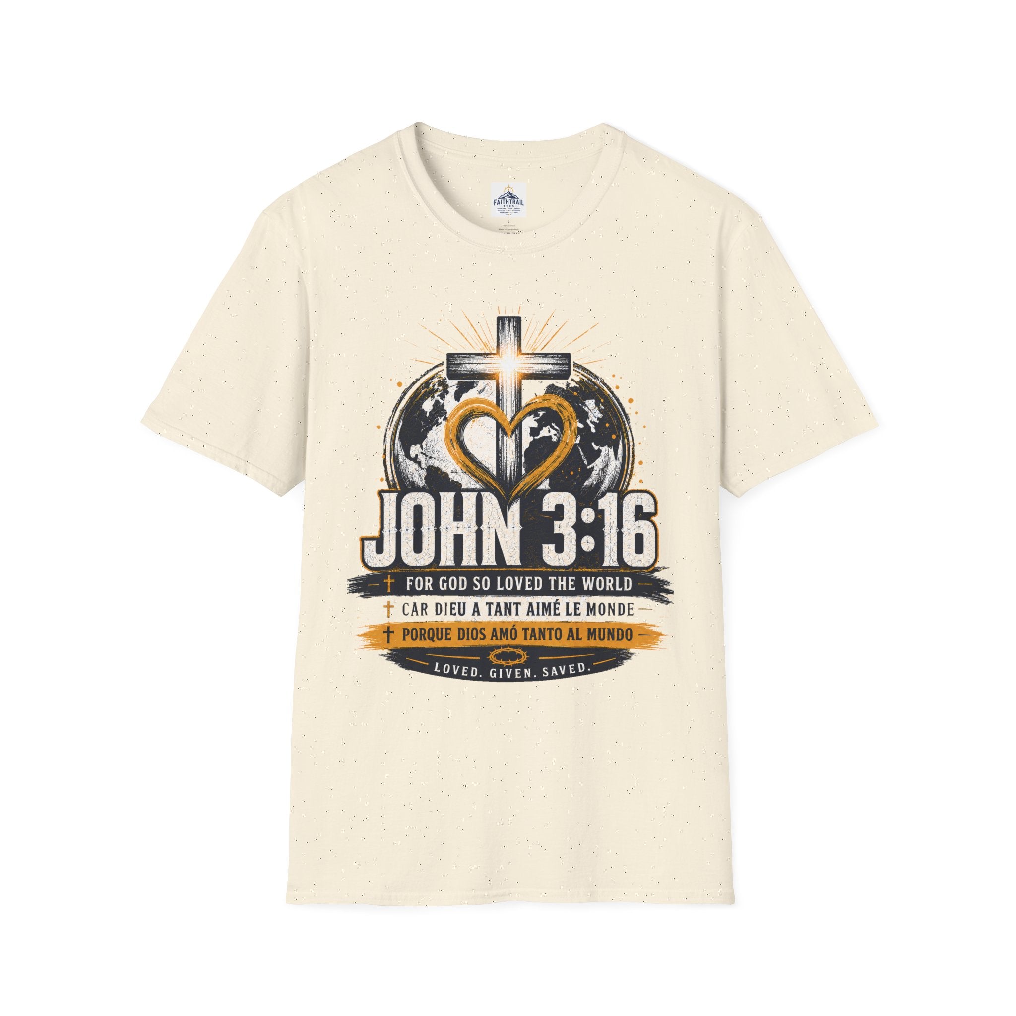 John 3:16 Christian Adult Unisex T-Shirt — Cross & Heart World Faith Tee