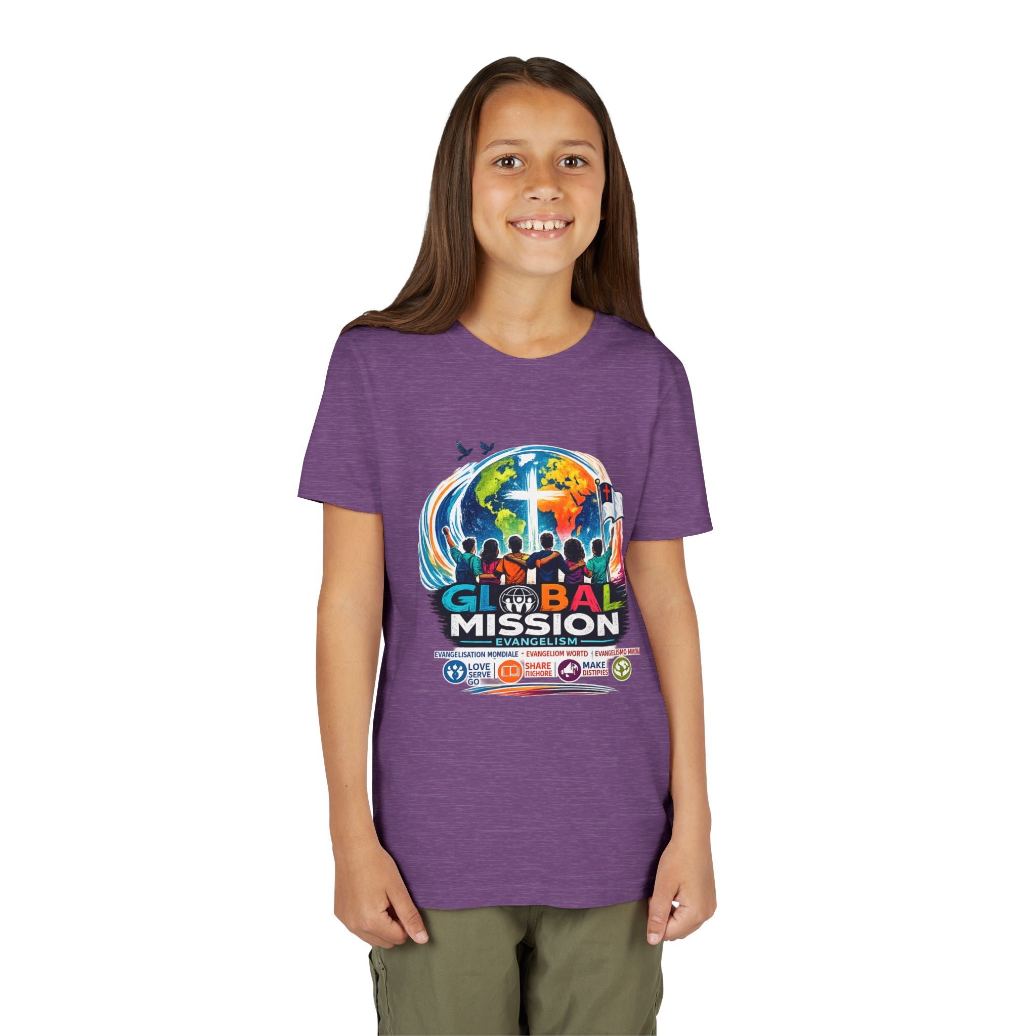 Youth Tee — Global Mission Kids Christian T‑Shirt with Cross & World Design