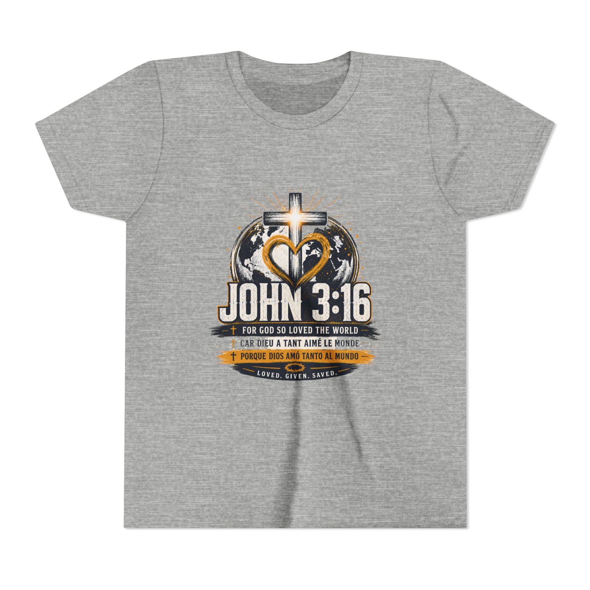 John 3:16 Youth Tee — Christian Inspirational Kids Shirt with Cross & Globe Design