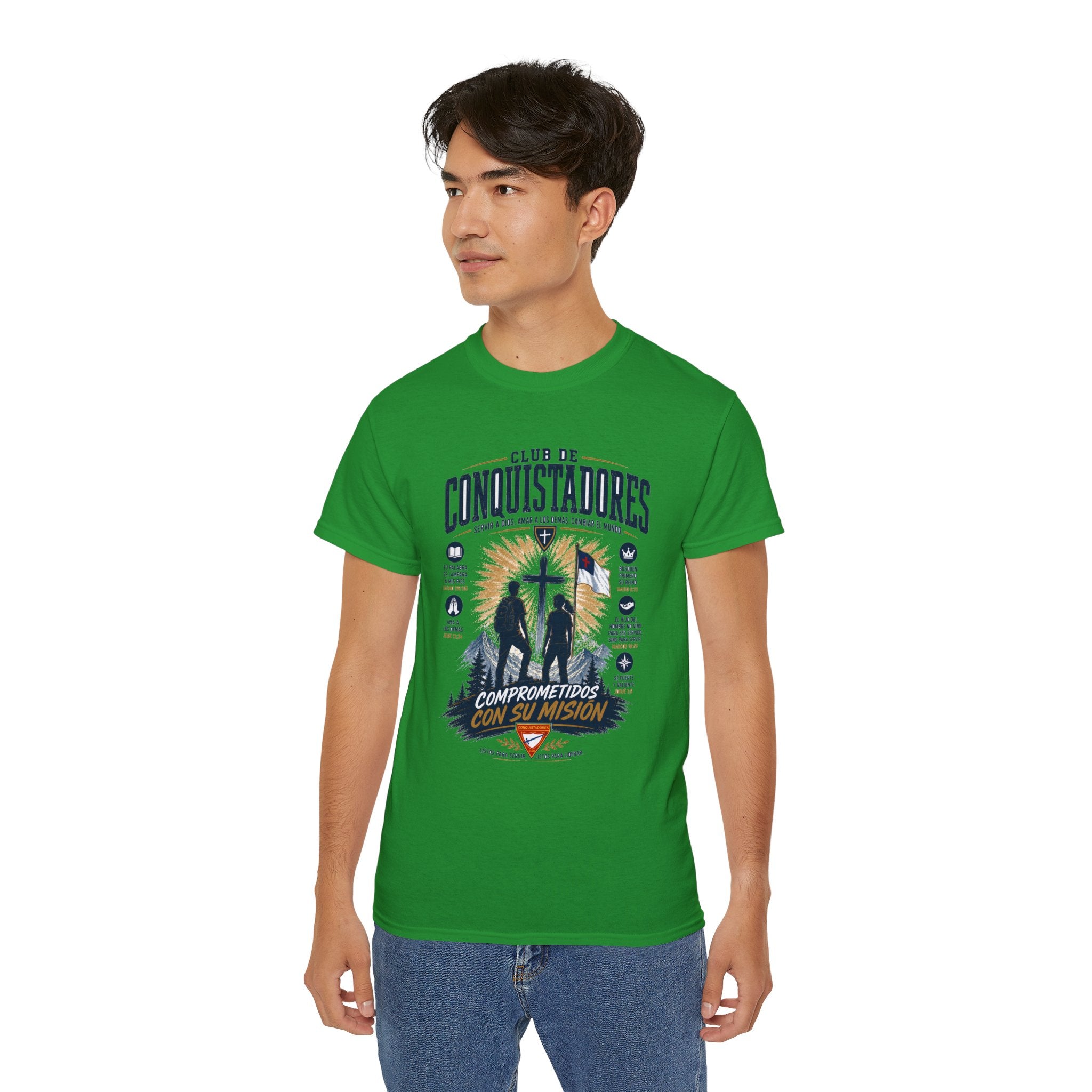 Conquistadores comprometido con su misión T-Shirt | Silueta de cruz cristiana, diseño de insignia de fe