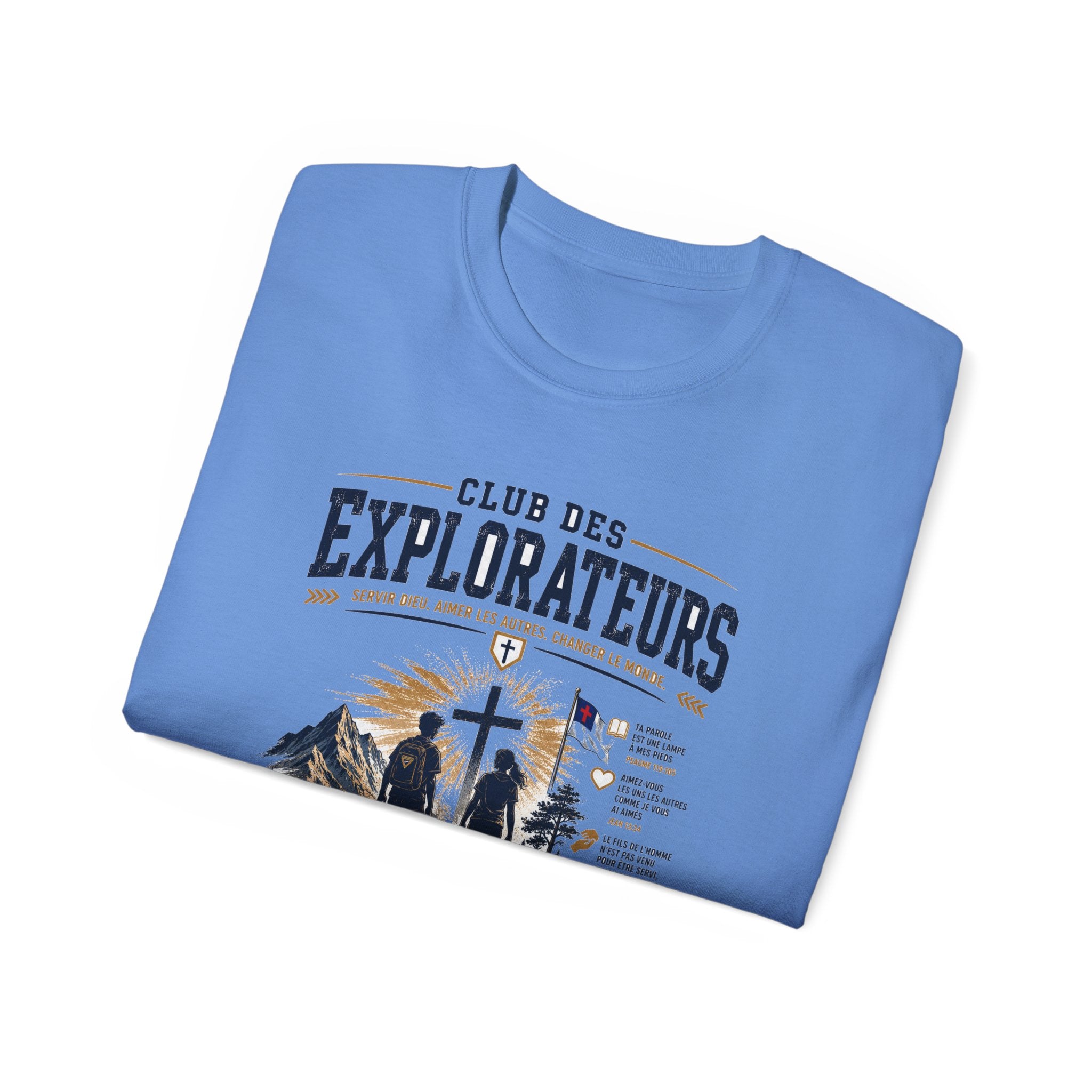 Explorateurs engagés dans leur mission T-shirt | Croix chrétienne silhouette, design d’insigne de foi