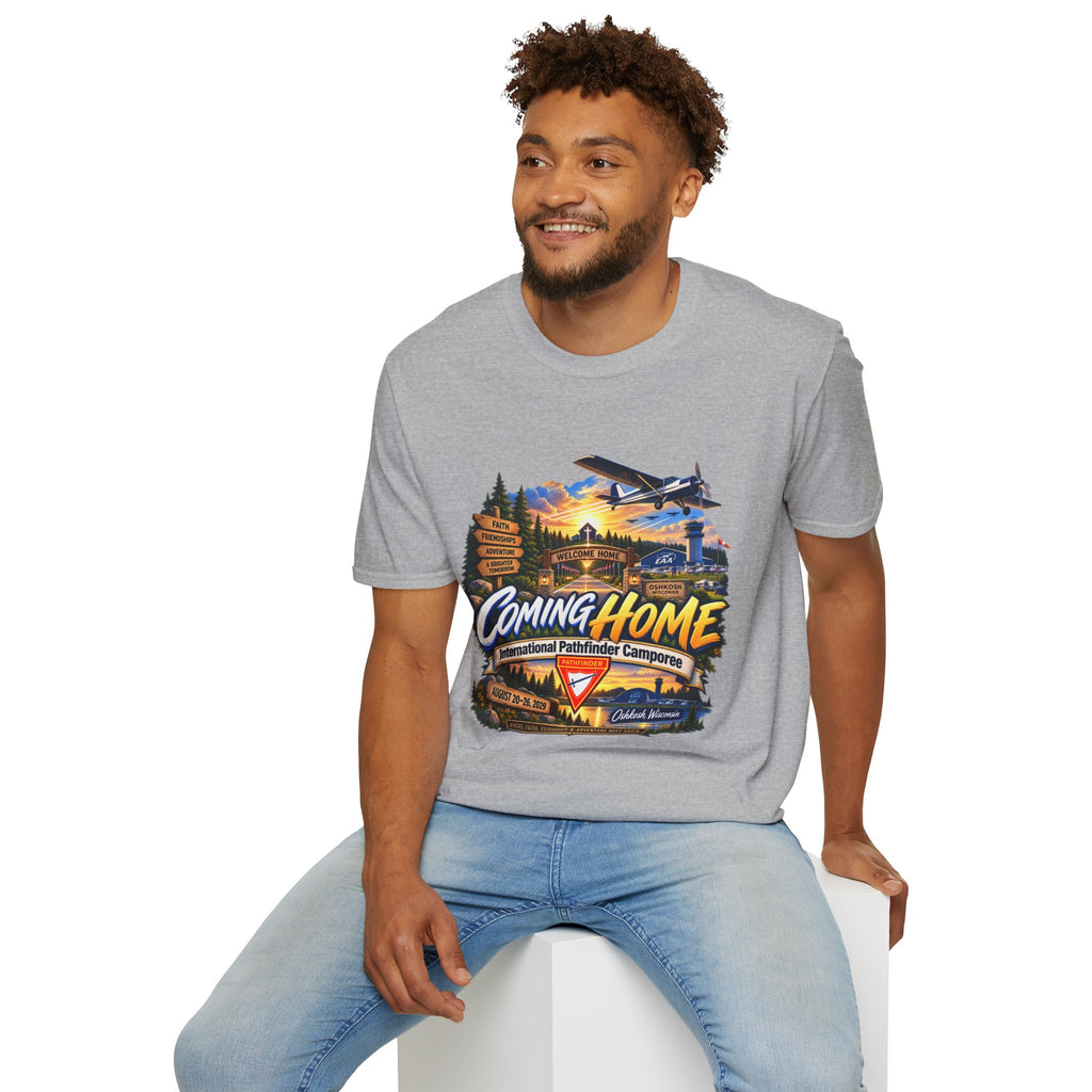 International Pathfinder Camporee 2029 (Stand Strong)- Coming Home T-Shirt — Vintage Airplane Sunset Travel Tee