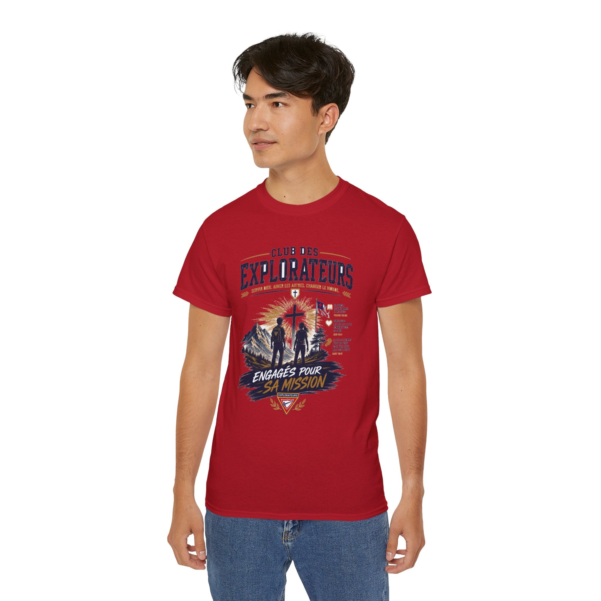 Explorateurs engagés dans leur mission T-shirt | Croix chrétienne silhouette, design d’insigne de foi