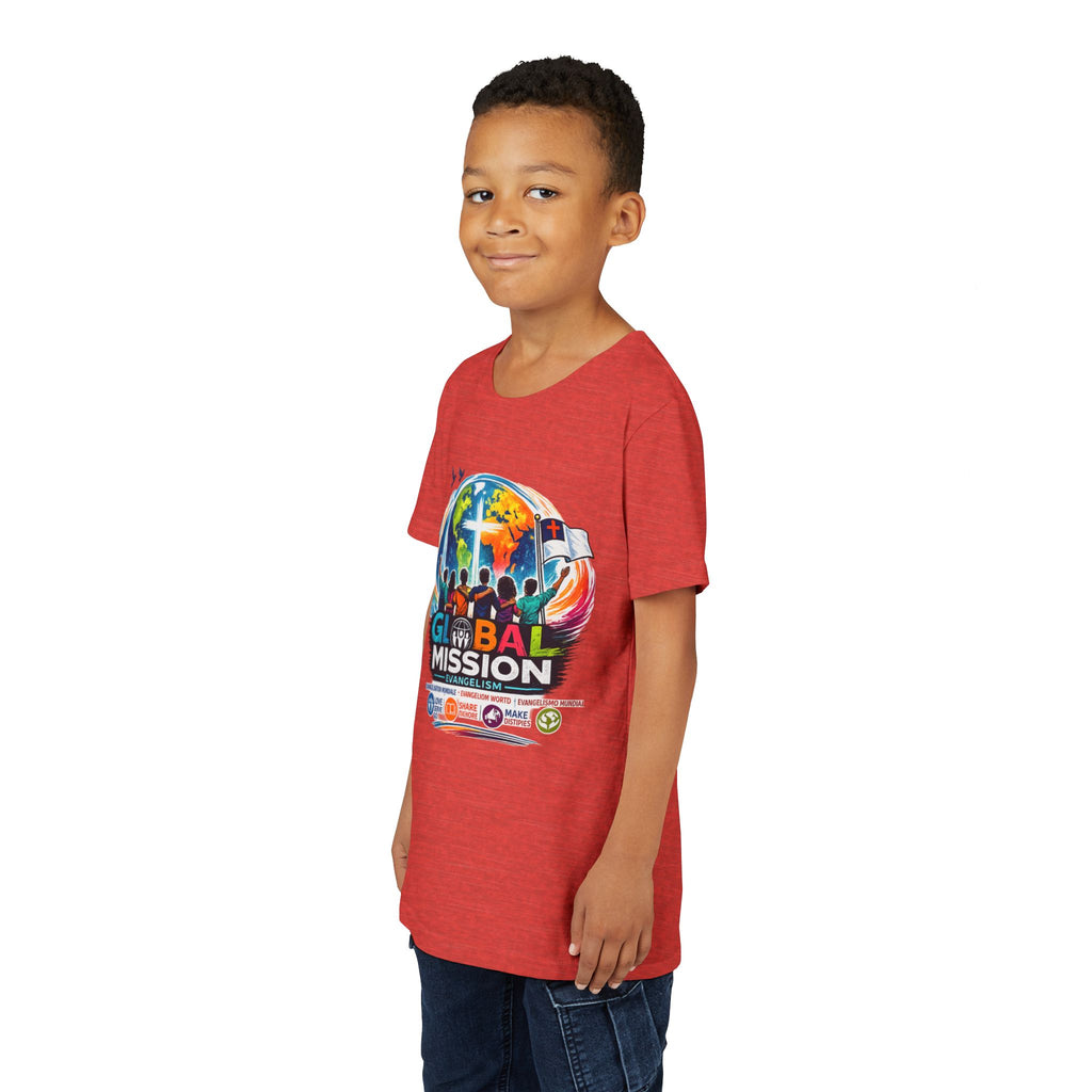 Youth Tee — Global Mission Kids Christian T‑Shirt with Cross & World Design