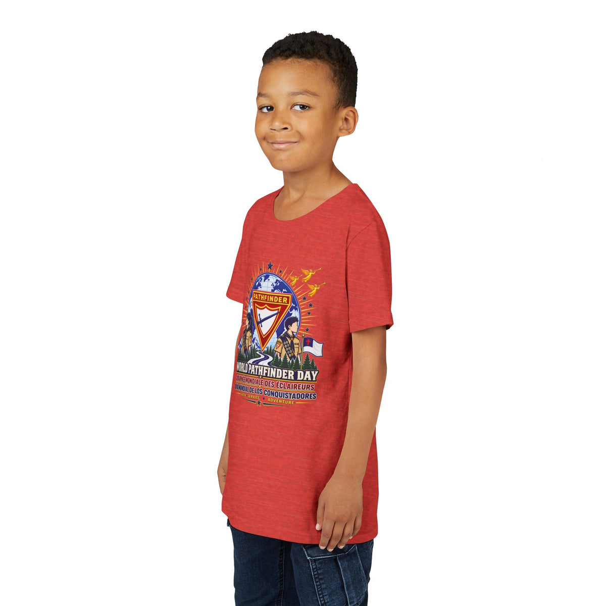 Youth Tee — World Pathfinder Day Badge Graphic (Trilingual)